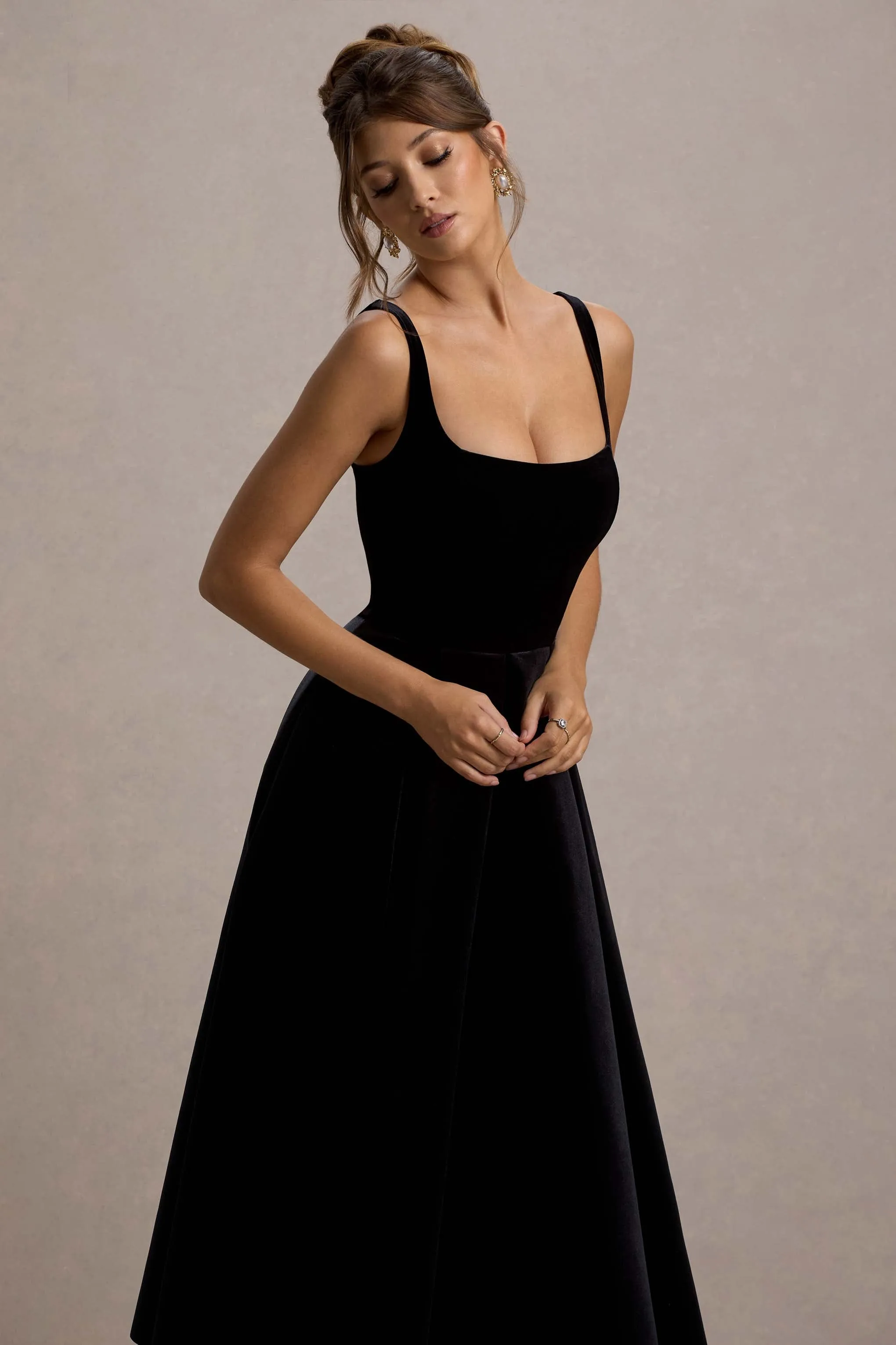 Francisca | Black Velvet Strappy Volume-Hem Midi Dress