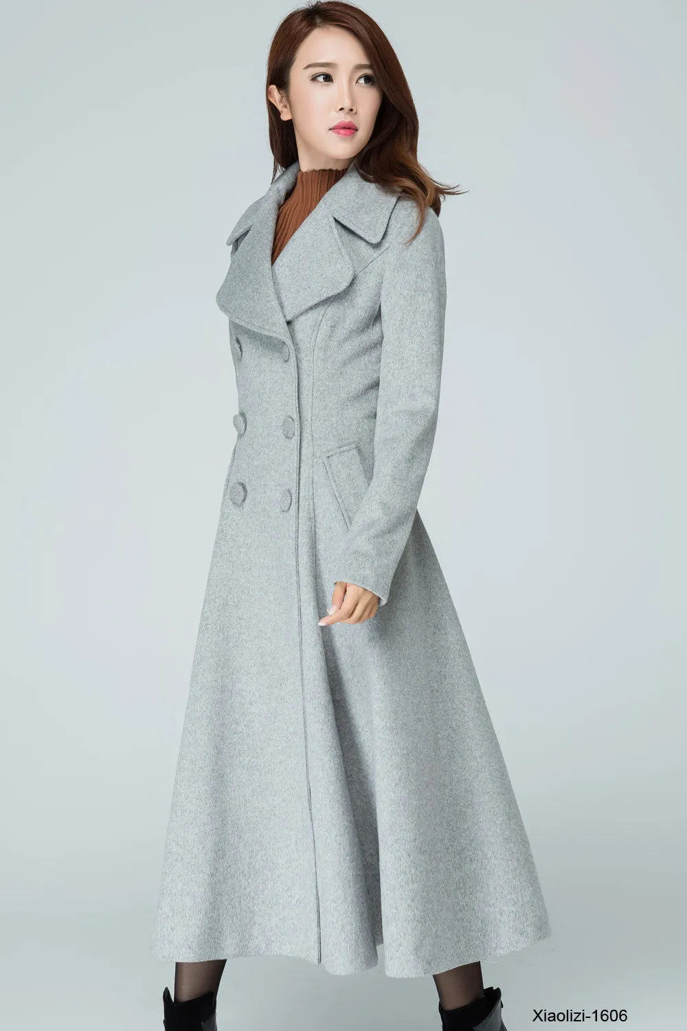 Gray wool outerwear, double breasted thrench coat for women 1606#