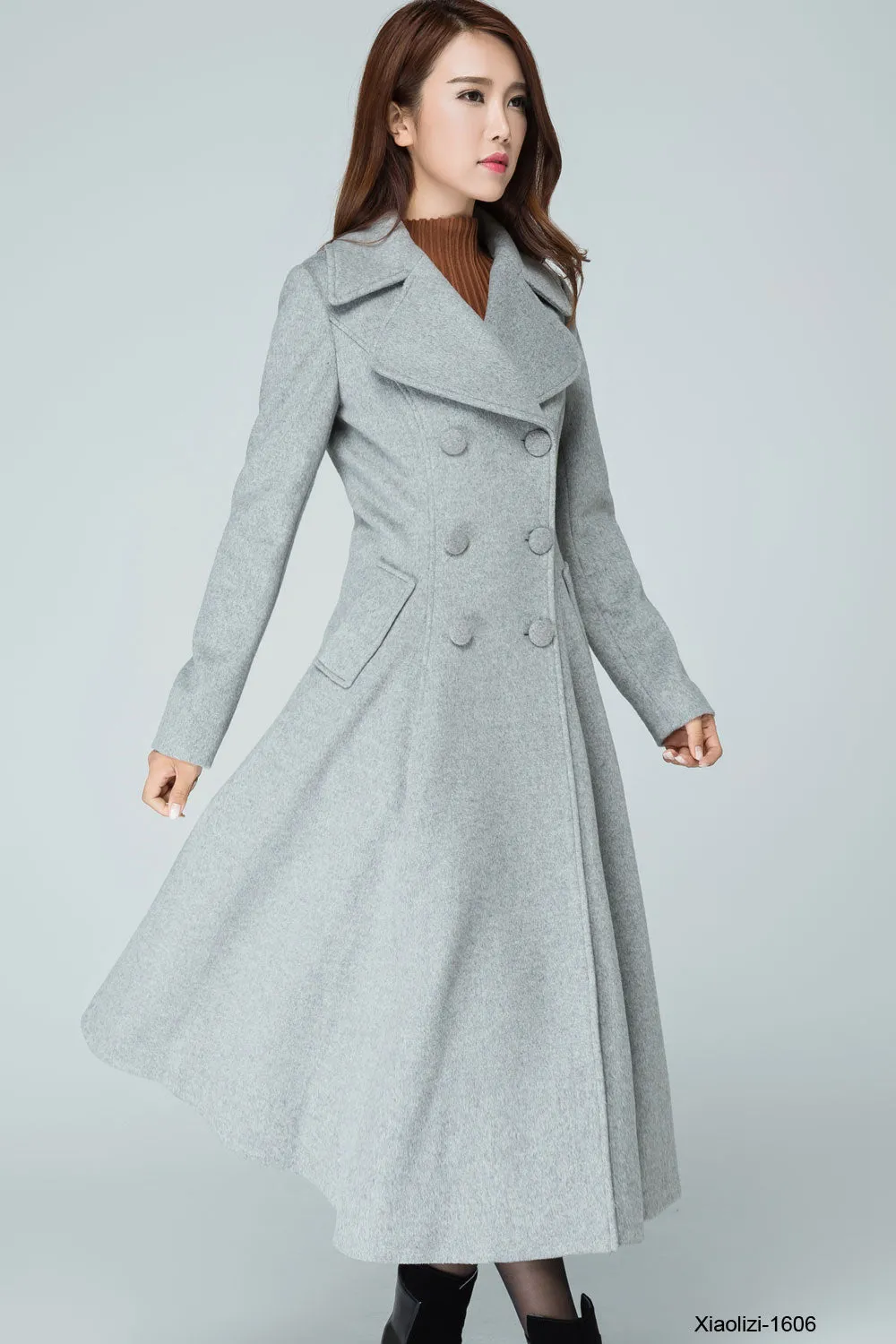 Gray wool outerwear, double breasted thrench coat for women 1606#