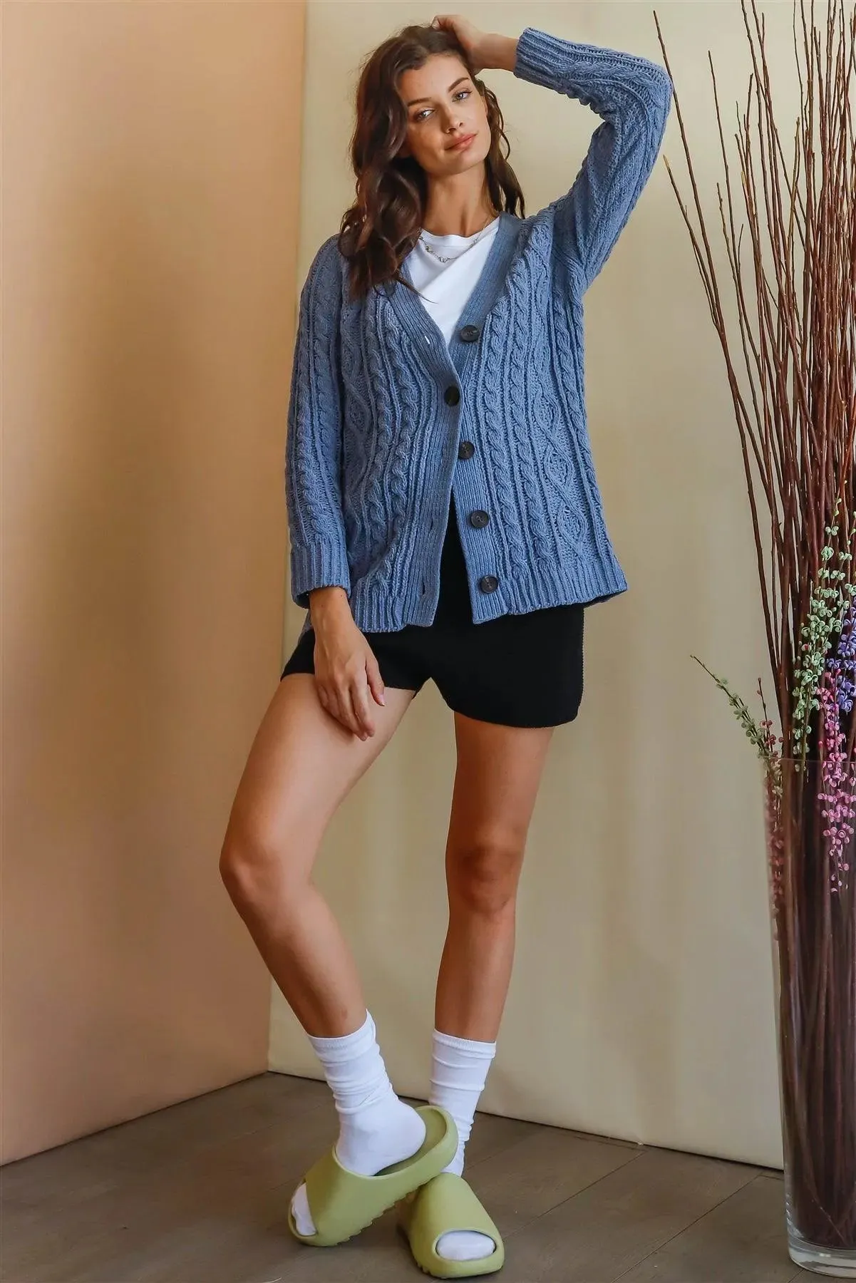 Grey Blue Cable Knit Button Up Sweater /1-1-1