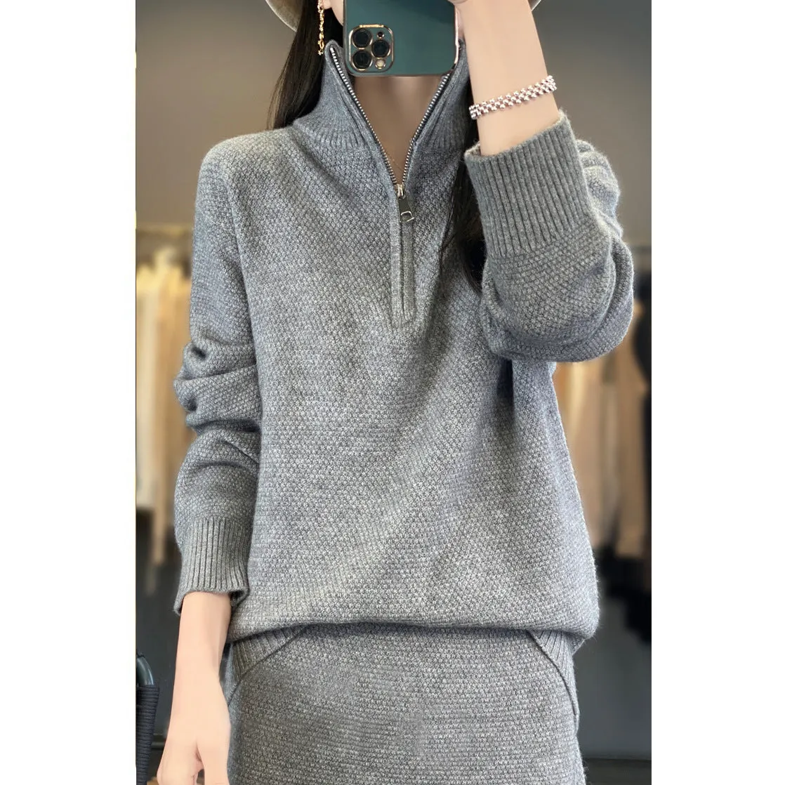 Half Zipper Turtleneck Two-piece Casual Thick Skirt Sweater Set