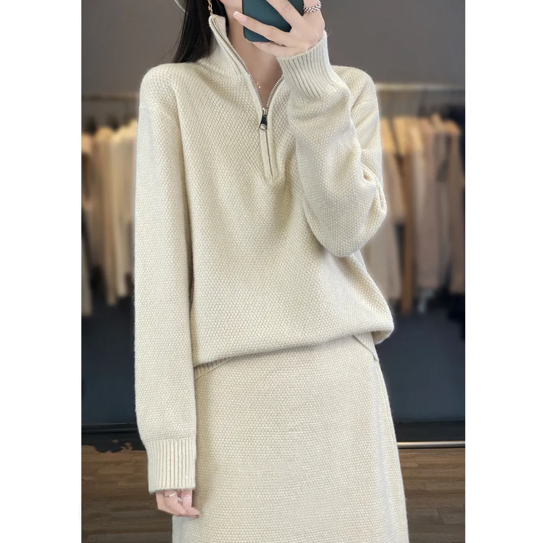 Half Zipper Turtleneck Two-piece Casual Thick Skirt Sweater Set