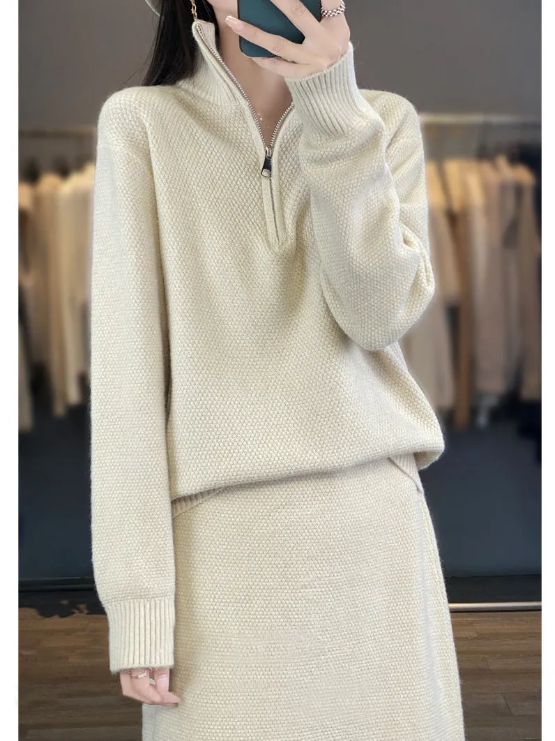 Half Zipper Turtleneck Two-piece Casual Thick Skirt Sweater Set