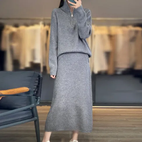 Half Zipper Turtleneck Two-piece Casual Thick Skirt Sweater Set