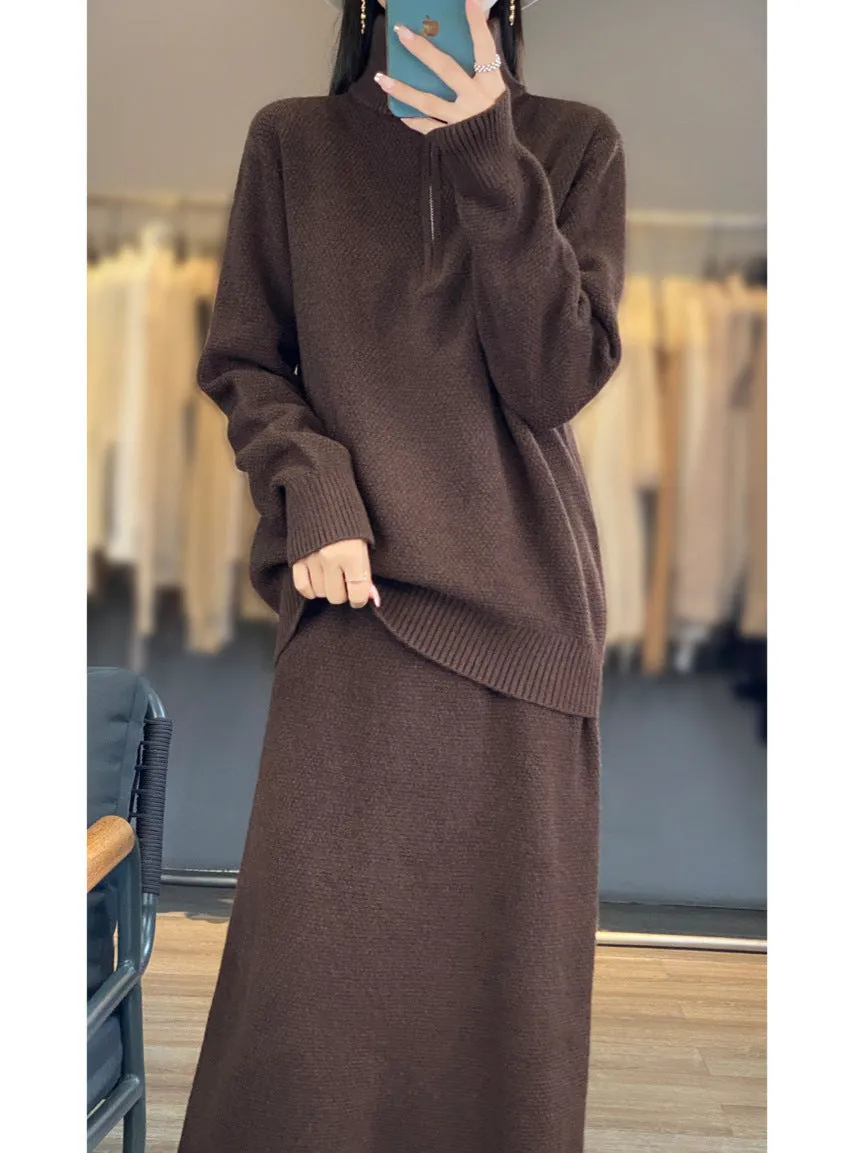 Half Zipper Turtleneck Two-piece Casual Thick Skirt Sweater Set