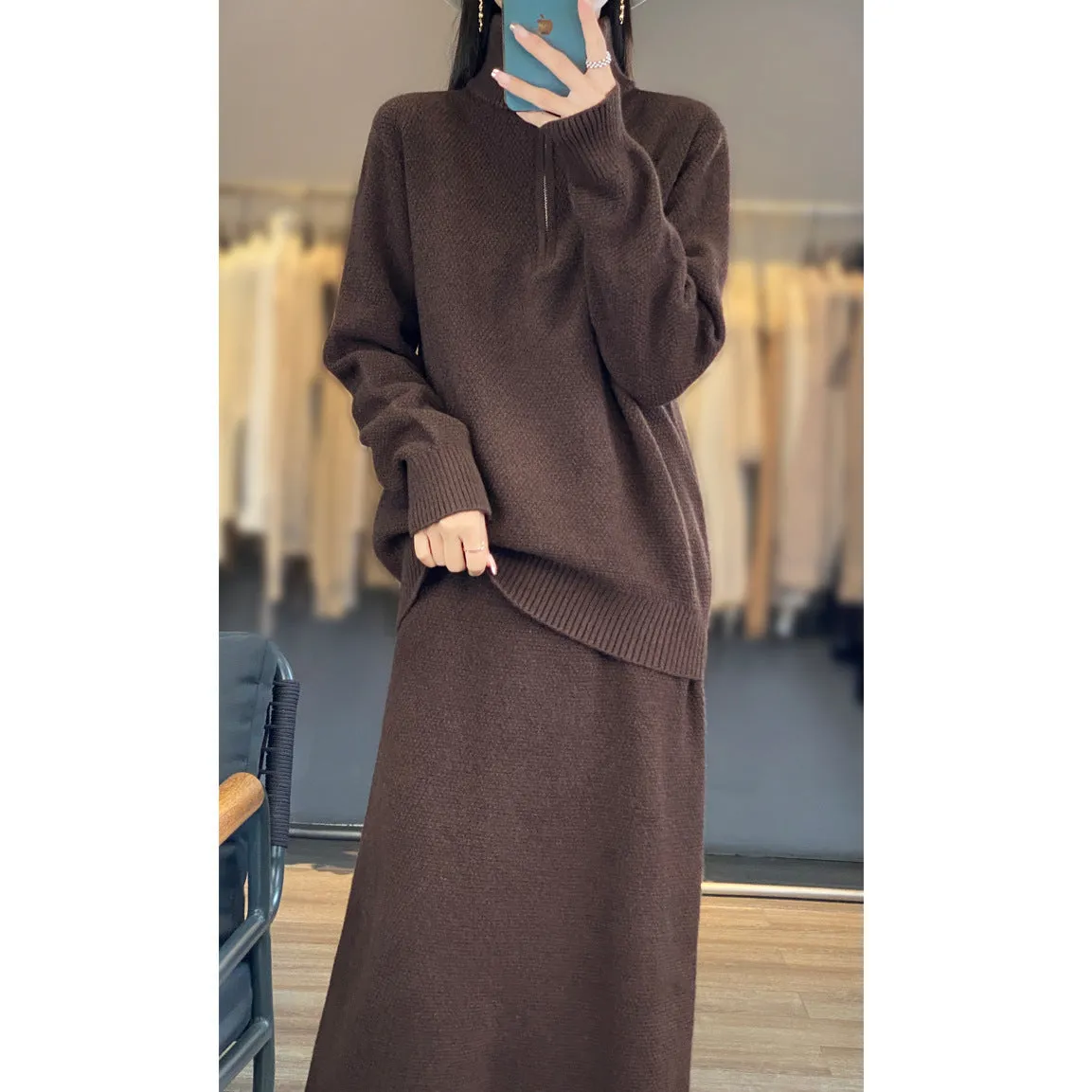 Half Zipper Turtleneck Two-piece Casual Thick Skirt Sweater Set