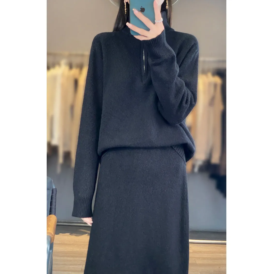 Half Zipper Turtleneck Two-piece Casual Thick Skirt Sweater Set