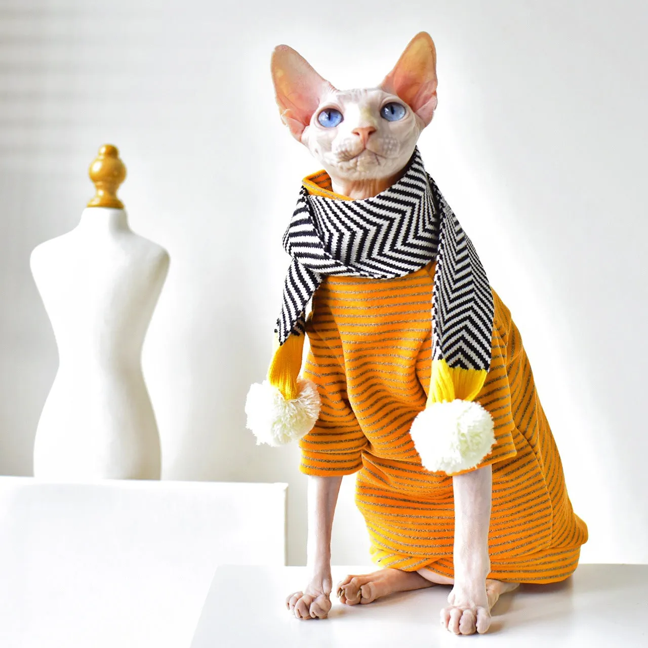 Heat-Generating Fabric German Velvet Striped High Collar Shirt | Winter Thickened Sphynx Hairless Cat Clothes