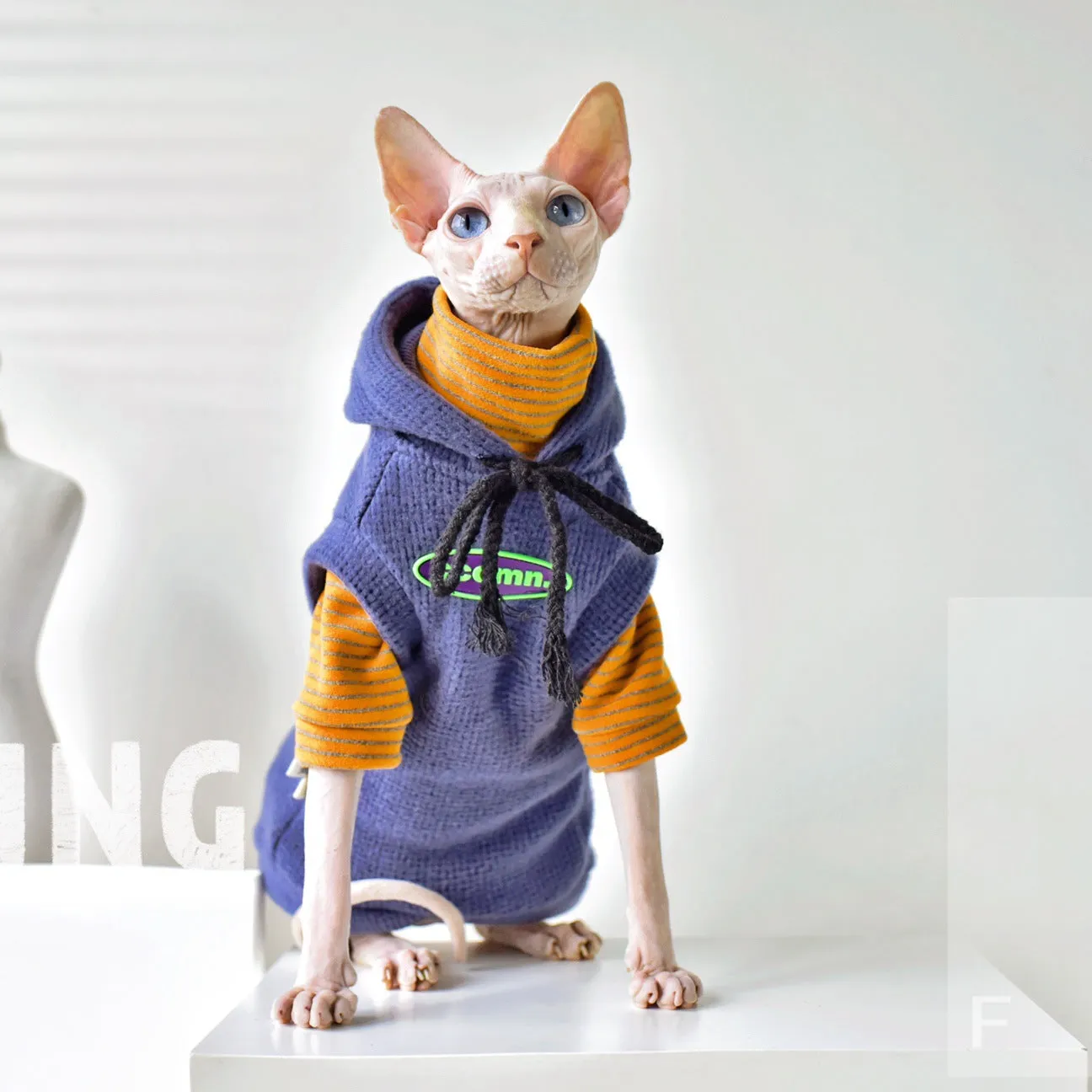 Heat-Generating Fabric German Velvet Striped High Collar Shirt | Winter Thickened Sphynx Hairless Cat Clothes