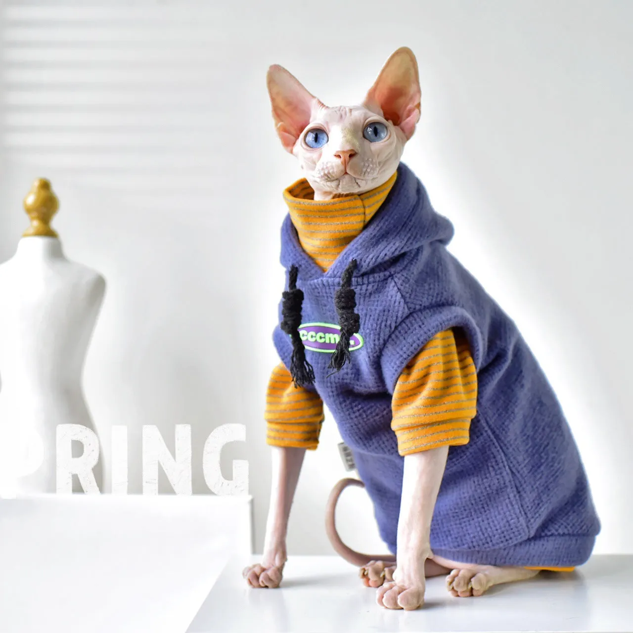 Heat-Generating Fabric German Velvet Striped High Collar Shirt | Winter Thickened Sphynx Hairless Cat Clothes