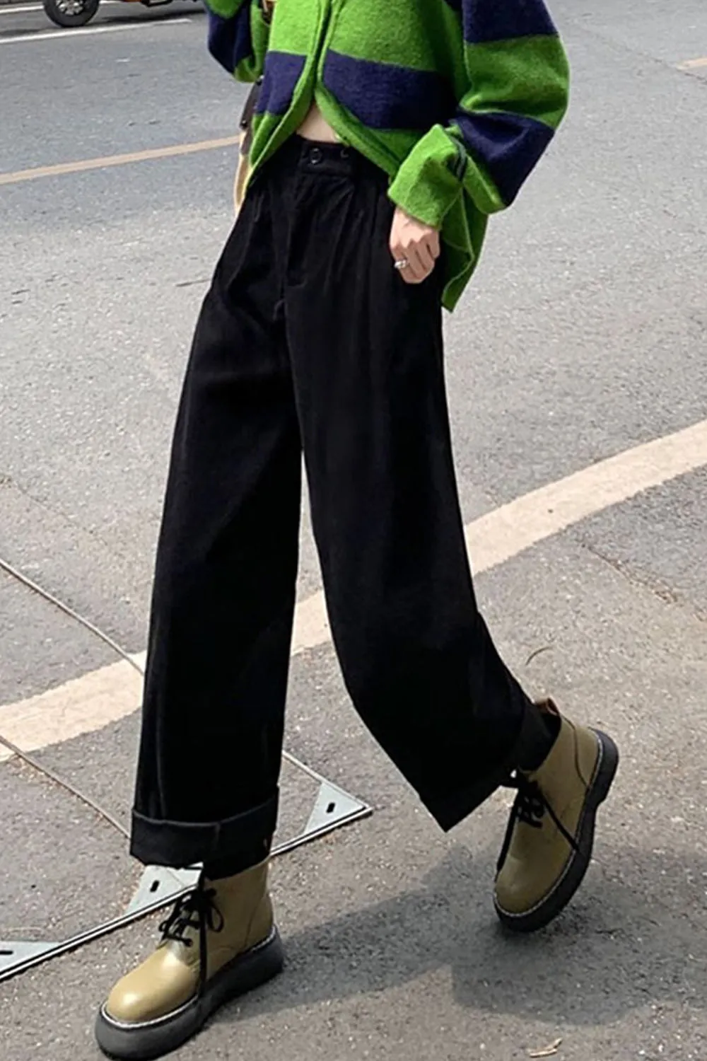 High Waist Casual Pockets Long Corduroy Pants