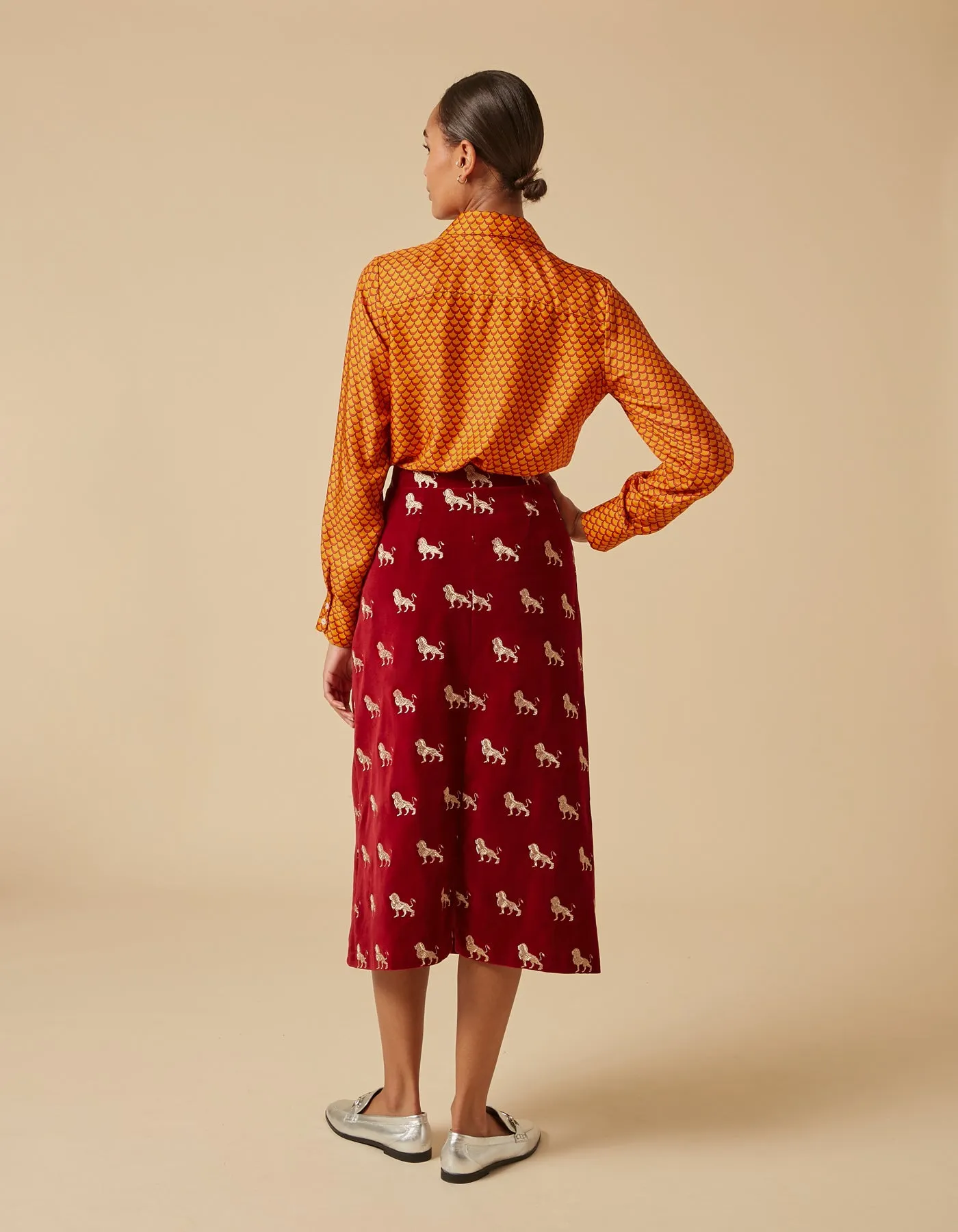 Iona Gold Lion Print Velvet Midi Skirt