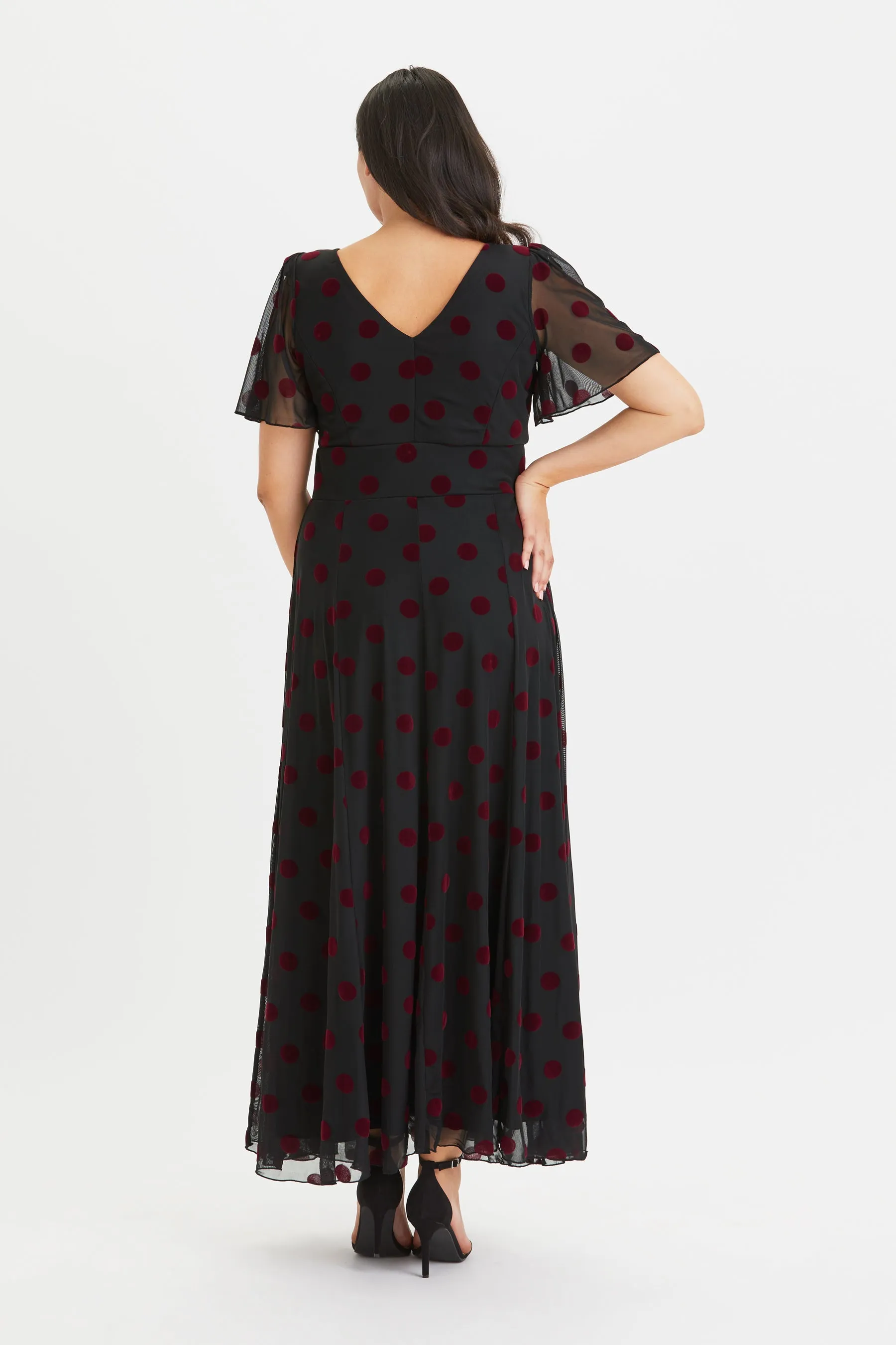 Isabelle Burgundy Velvet Spot Angel Sleeve Maxi Dress