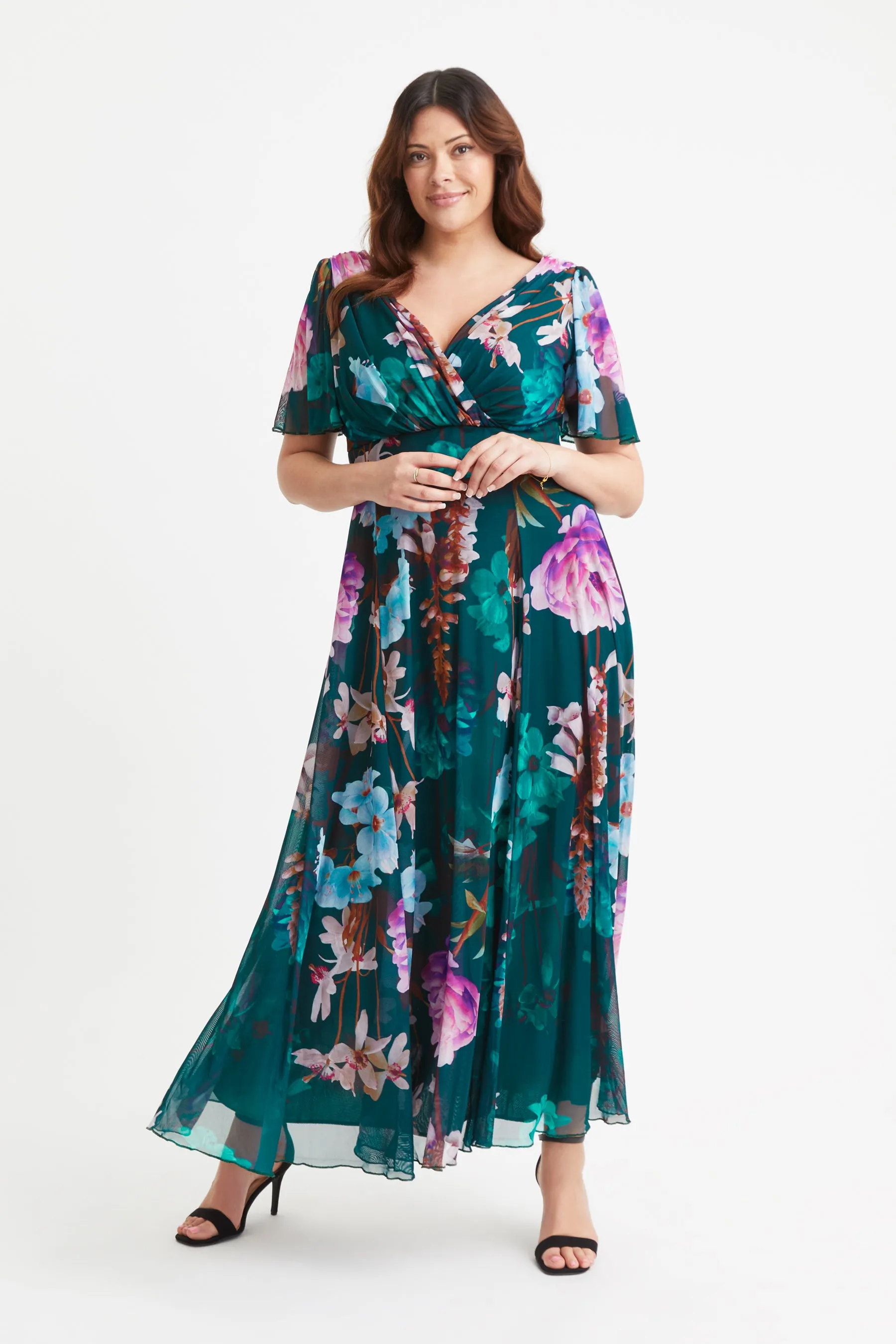 Isabelle New Green Multi Float Sleeve Maxi Dress