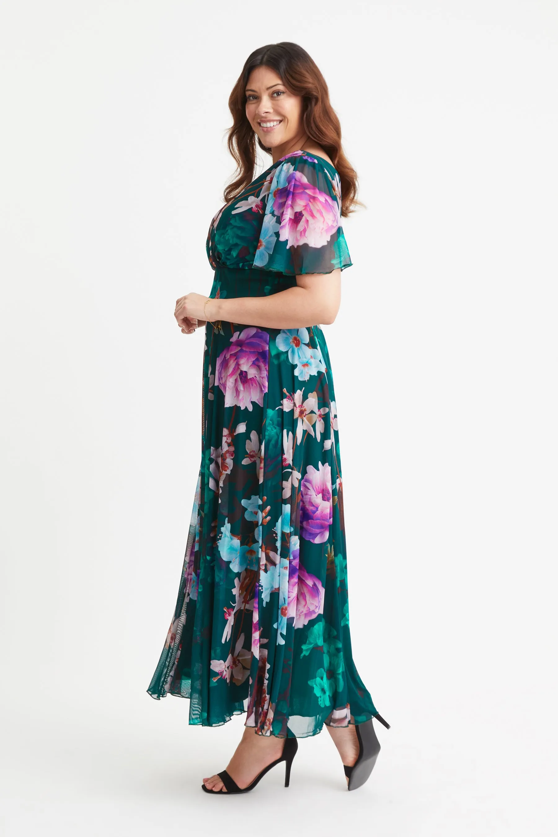 Isabelle New Green Multi Float Sleeve Maxi Dress