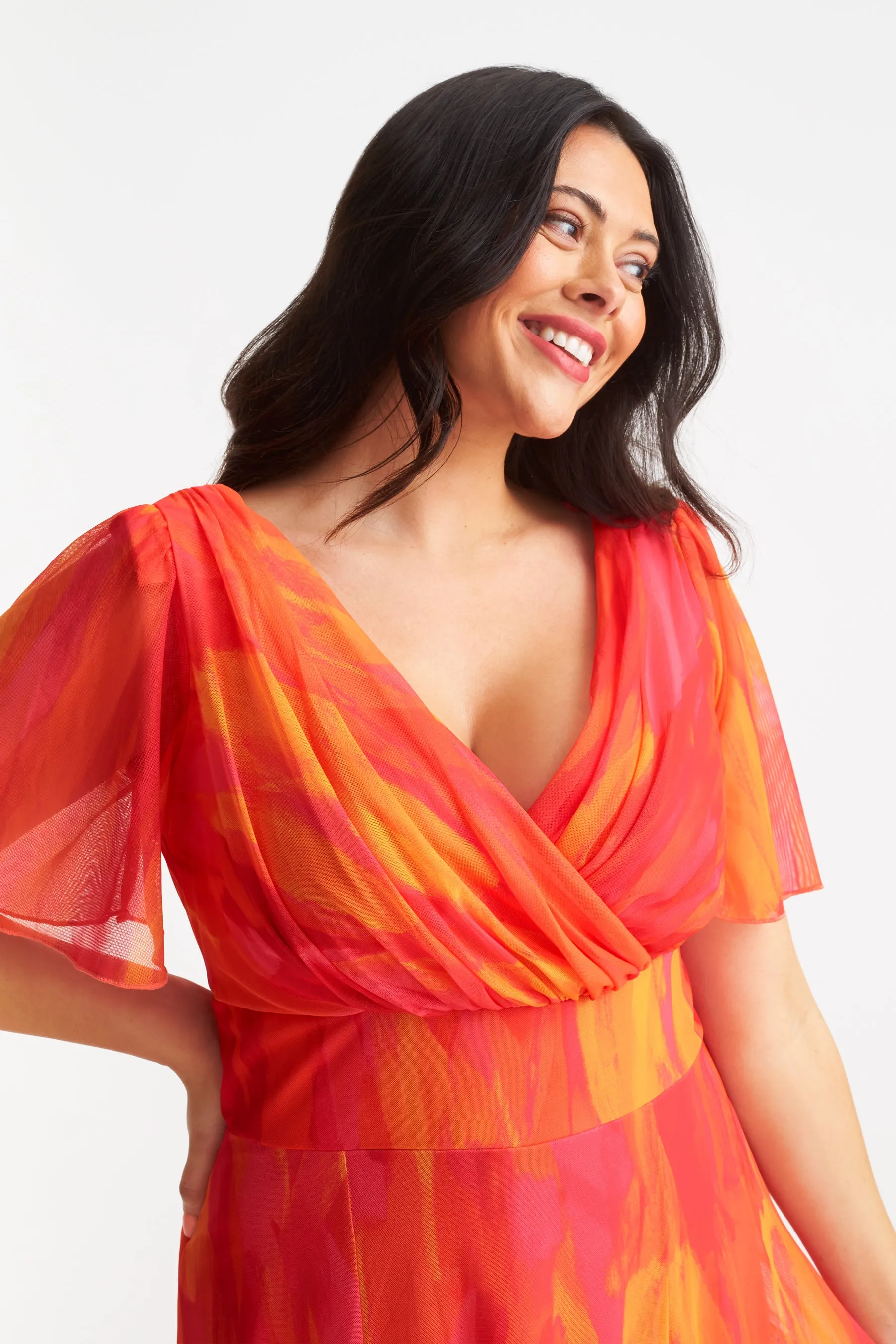 Isabelle Orange Pink Yellow Print Float Sleeve Maxi Dress