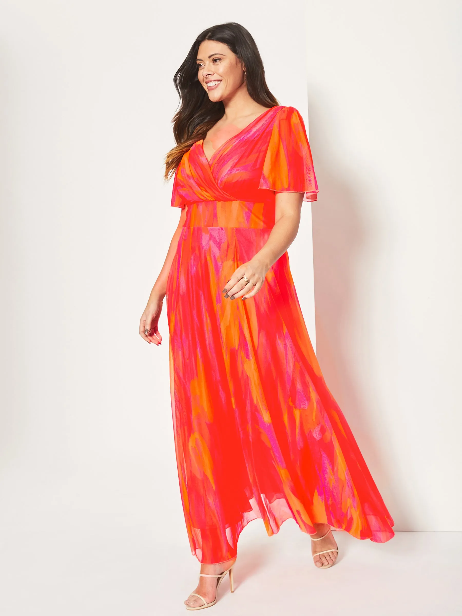 Isabelle Orange Pink Yellow Print Float Sleeve Maxi Dress