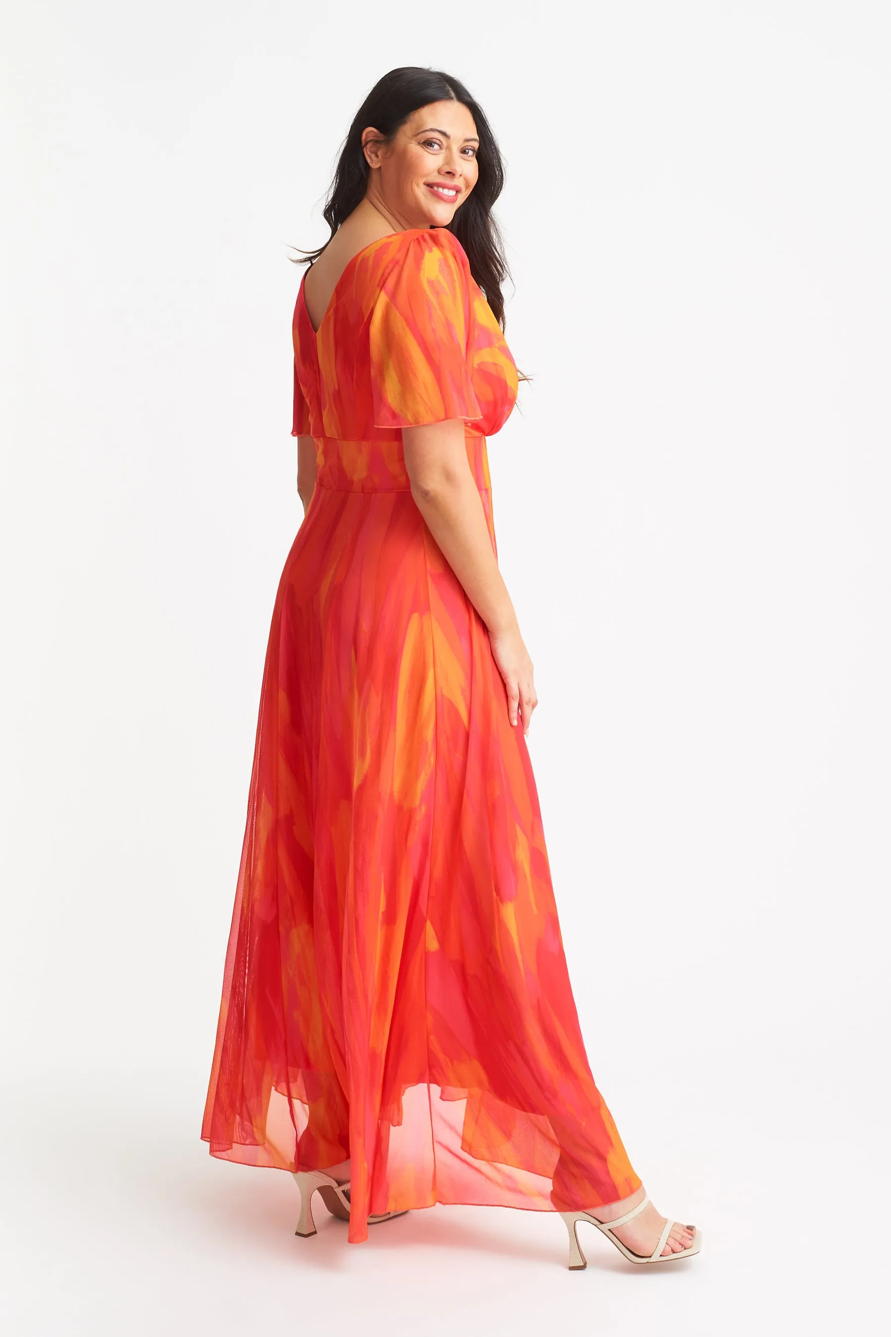 Isabelle Orange Pink Yellow Print Float Sleeve Maxi Dress