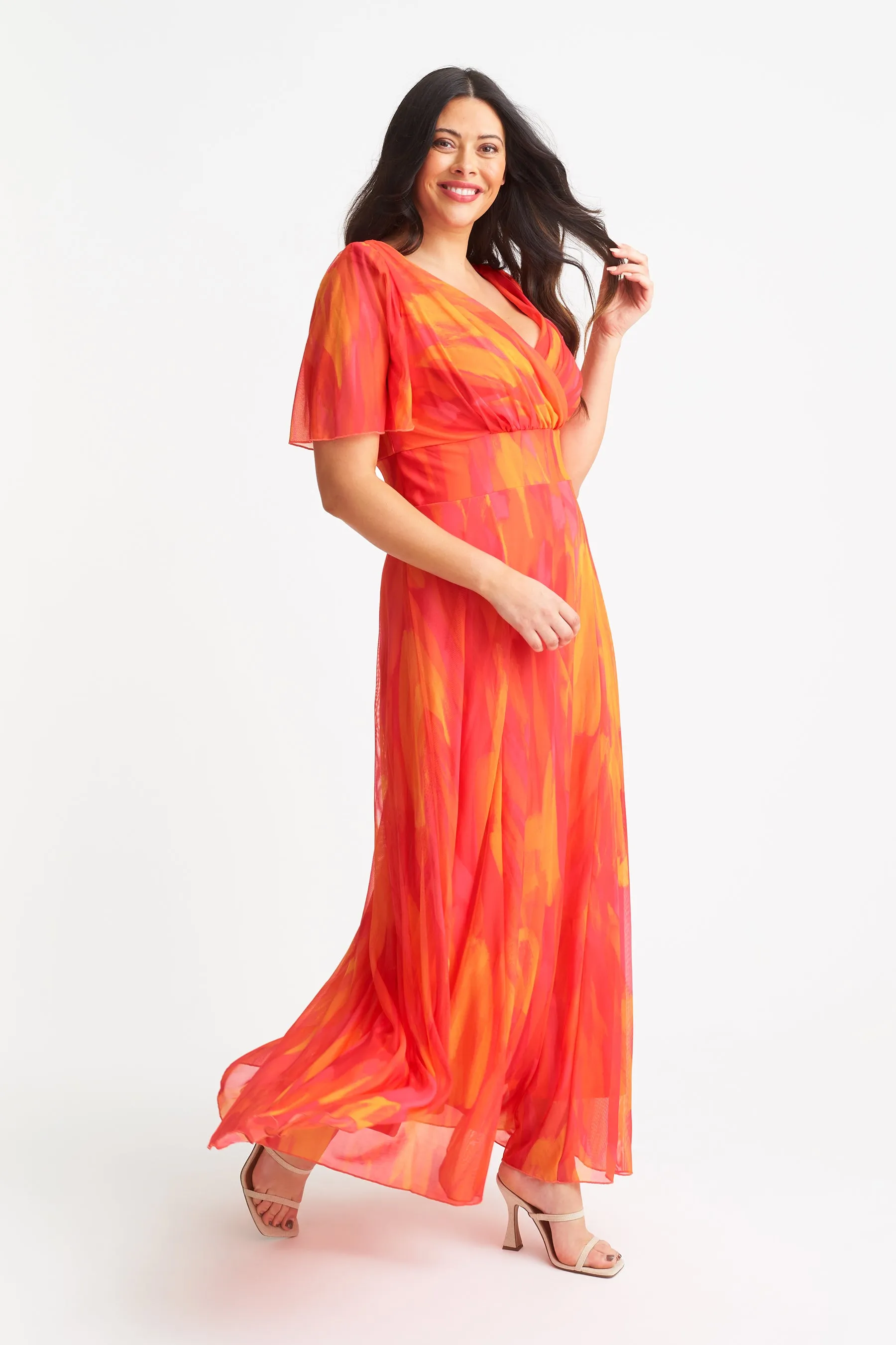 Isabelle Orange Pink Yellow Print Float Sleeve Maxi Dress