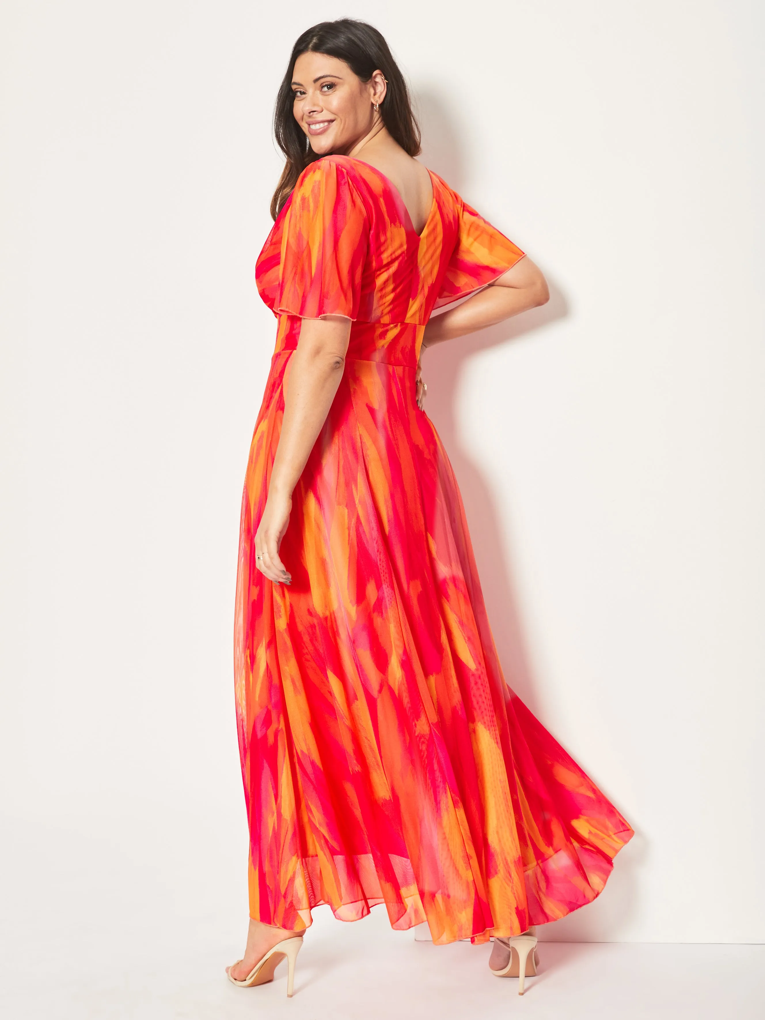 Isabelle Orange Pink Yellow Print Float Sleeve Maxi Dress