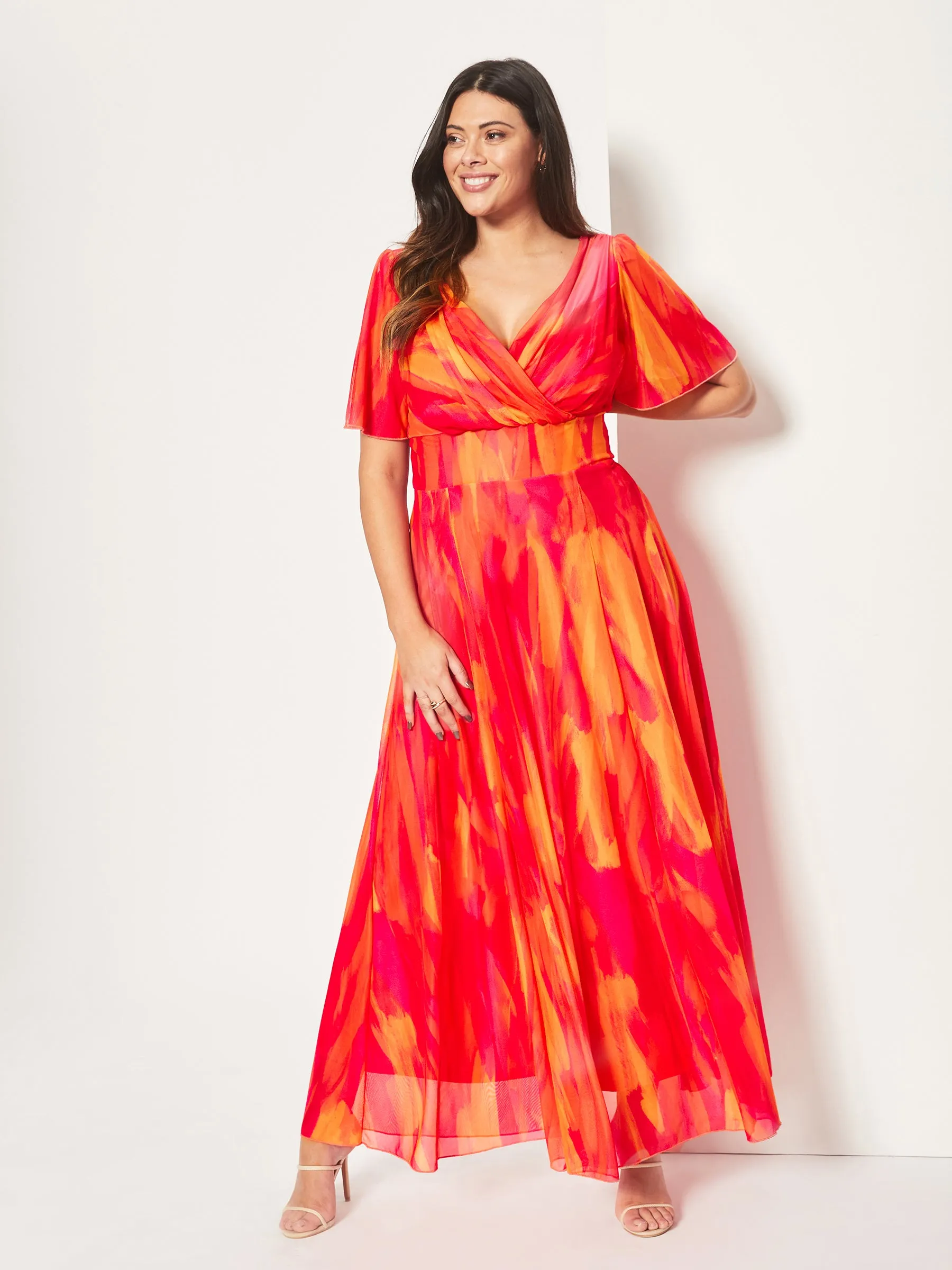 Isabelle Orange Pink Yellow Print Float Sleeve Maxi Dress