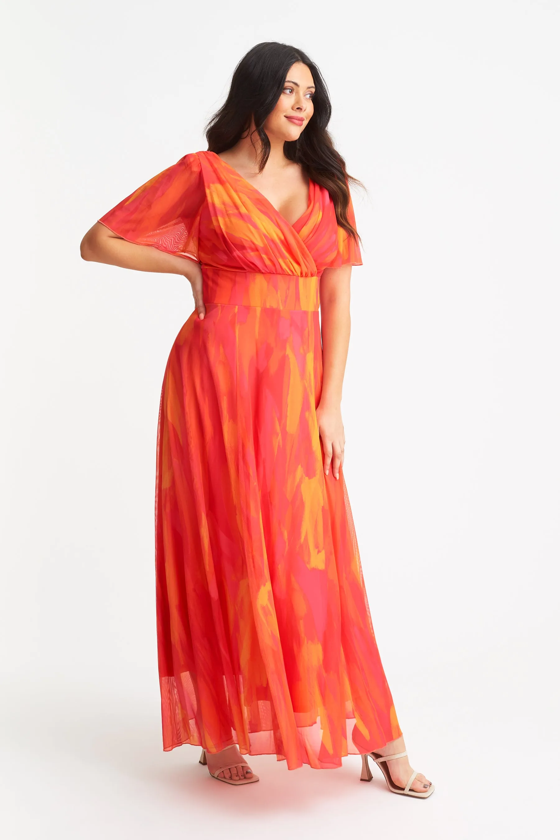 Isabelle Orange Pink Yellow Print Float Sleeve Maxi Dress