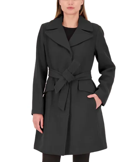 KATE SPADE Women's Black Belted Wool Blend Midi Wrap Coat