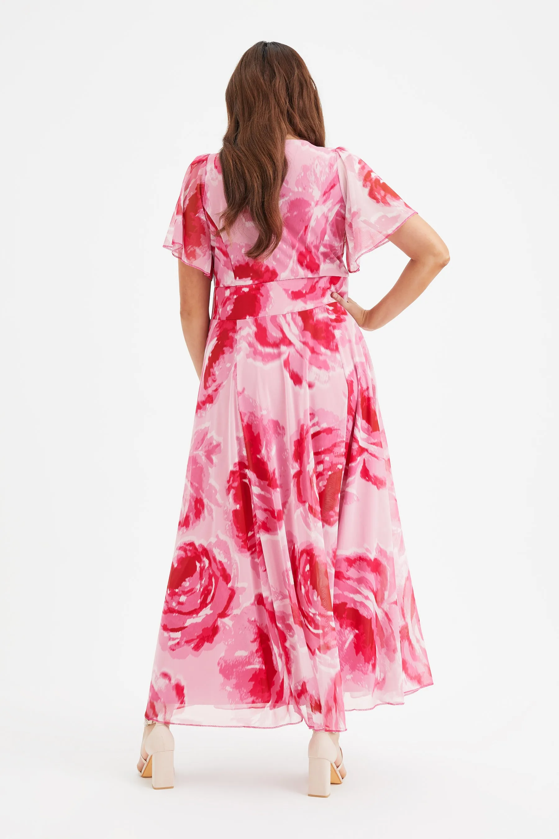 Kemi Pink Rose Print Bolero Wrap Bodice Maxi Gown