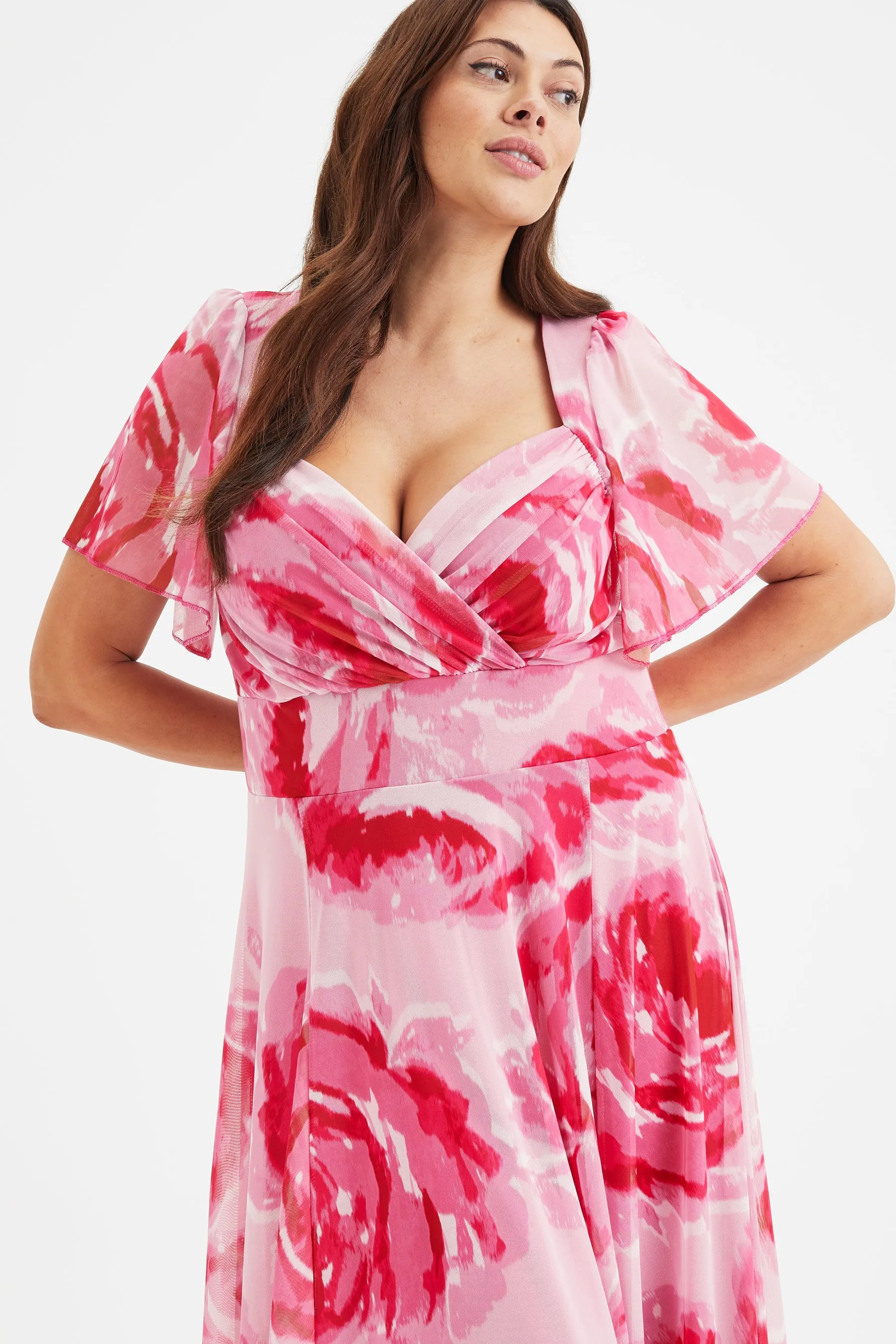 Kemi Pink Rose Print Bolero Wrap Bodice Maxi Gown