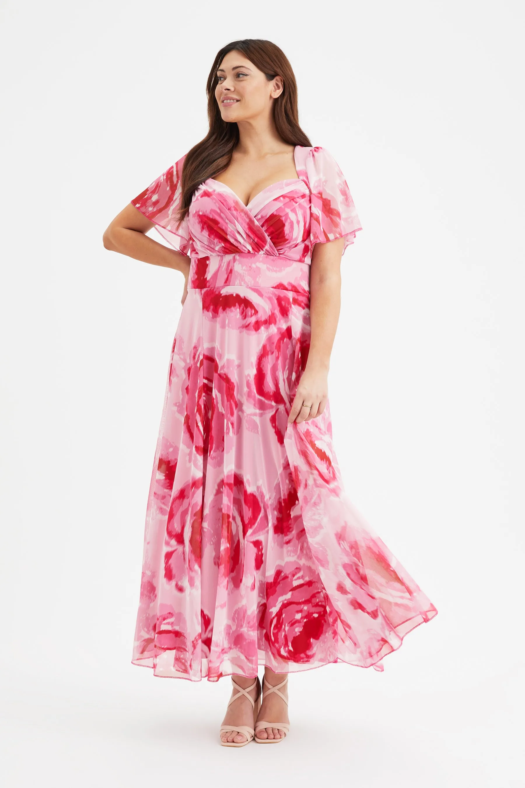 Kemi Pink Rose Print Bolero Wrap Bodice Maxi Gown