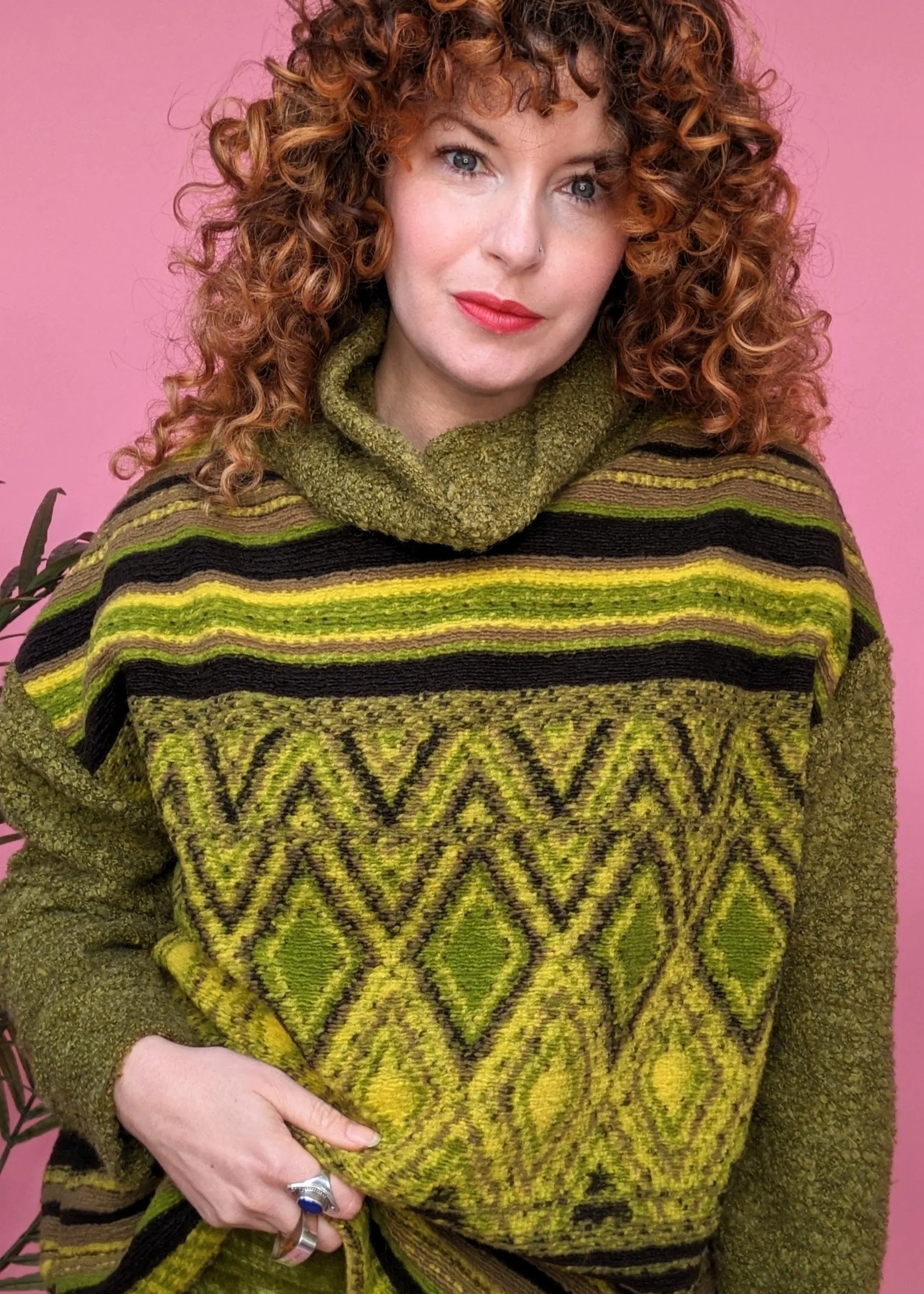 Knitted Pattern Mix Jumper in Olive Green