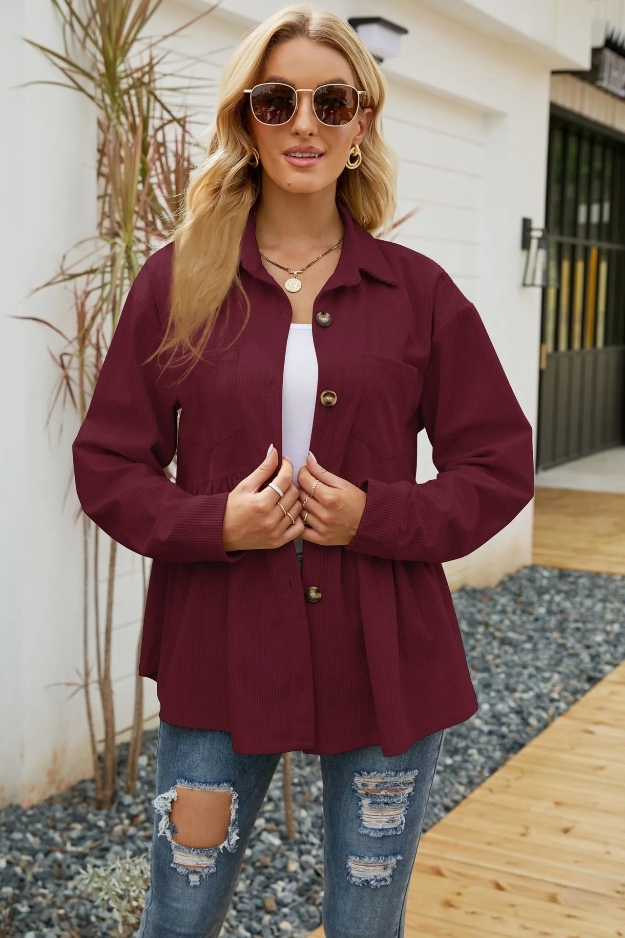 Ladies' Loose Lapel Pocket Button Jacket Coat