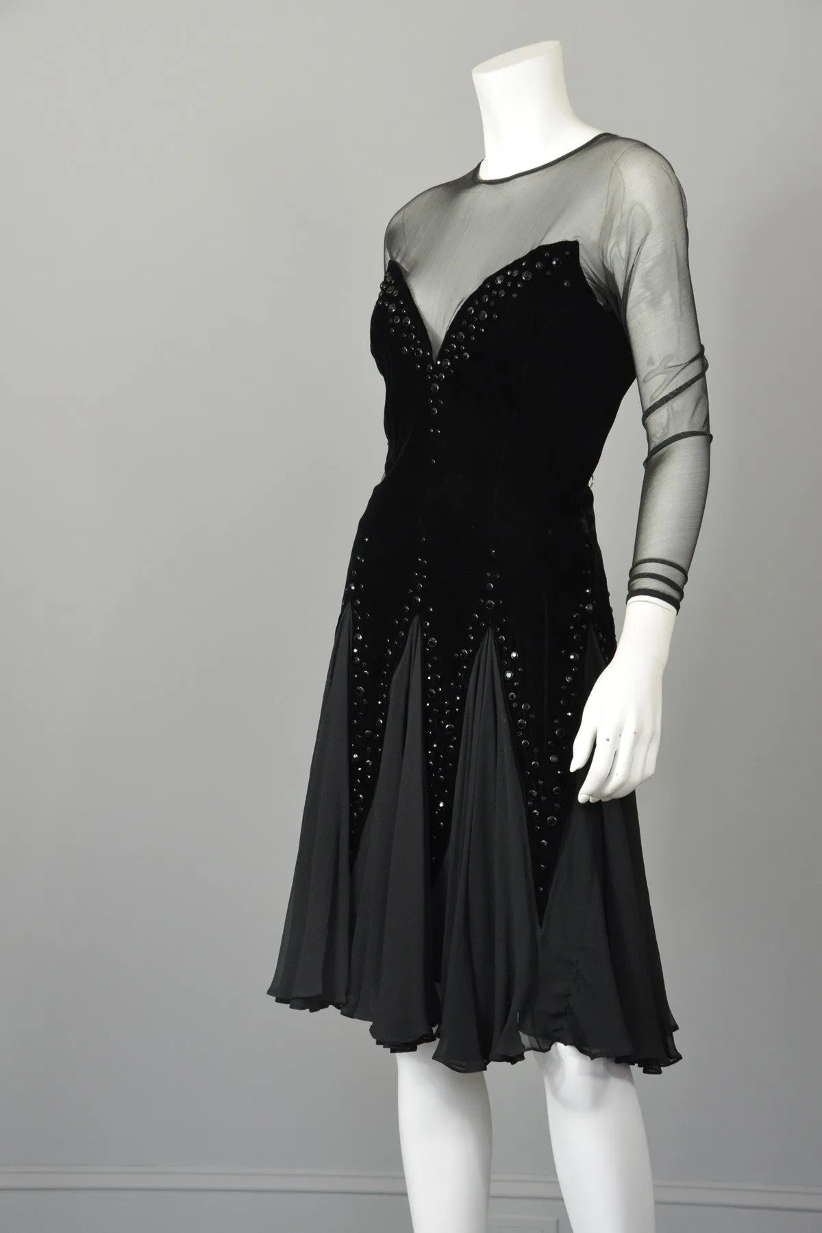 Lillie Ruben Black Velvet Studded Chiffon Party Dress