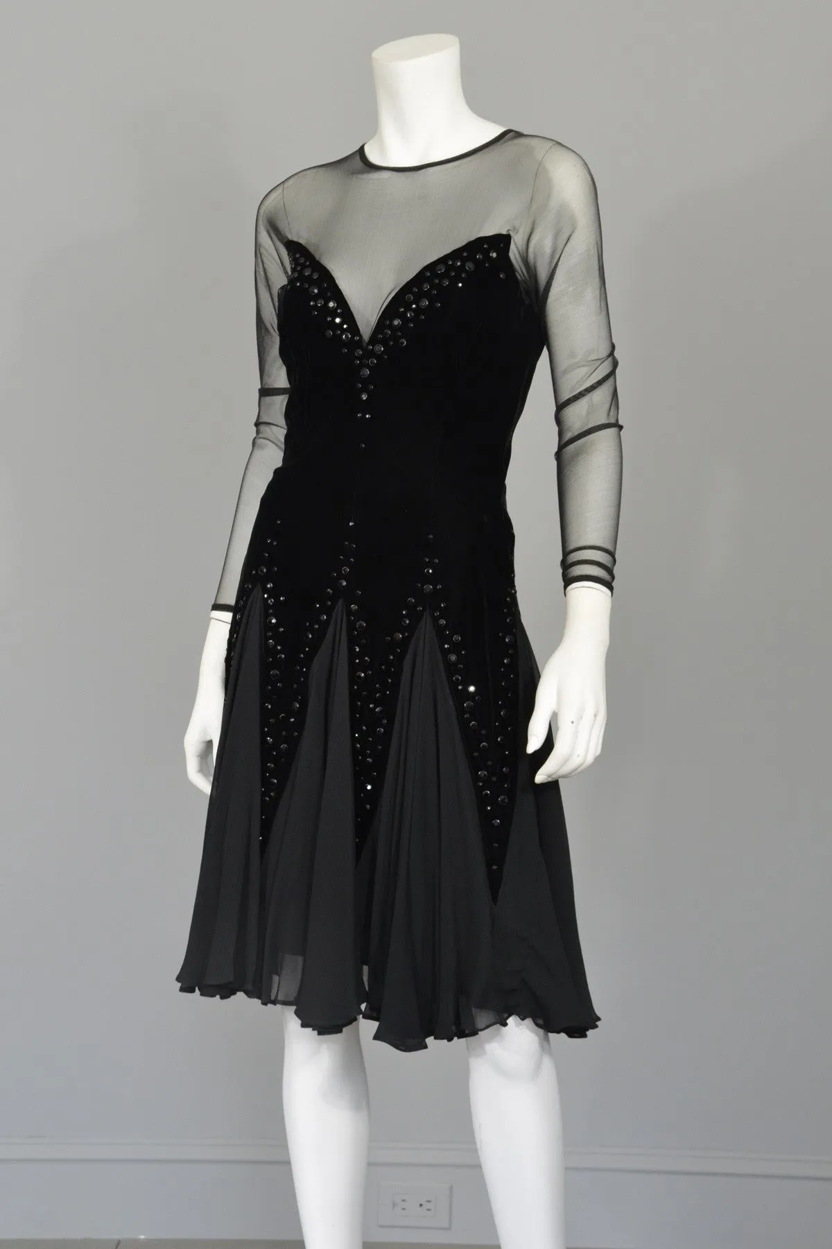 Lillie Ruben Black Velvet Studded Chiffon Party Dress