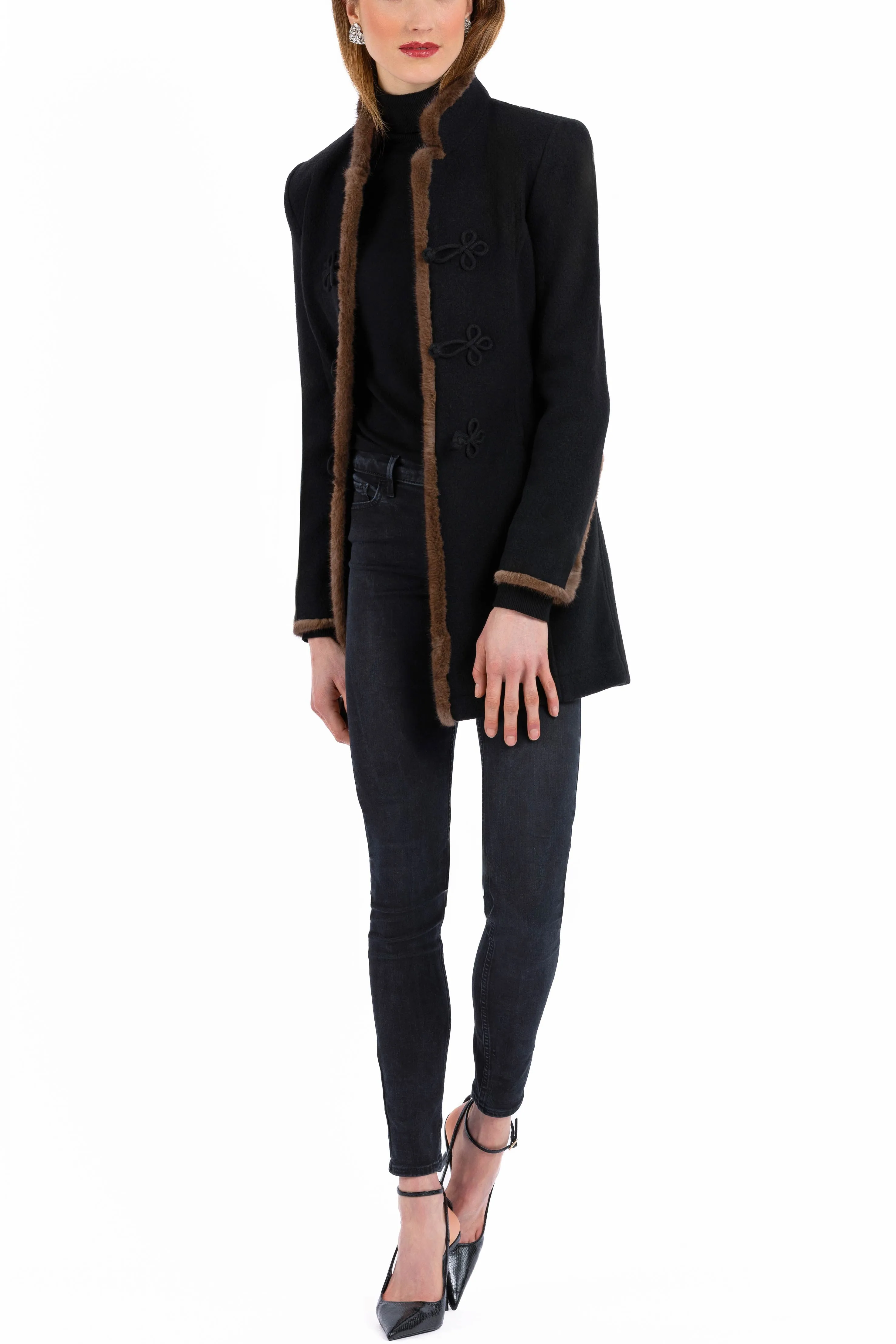 Long blazer from authentic boiled wool with natural mink