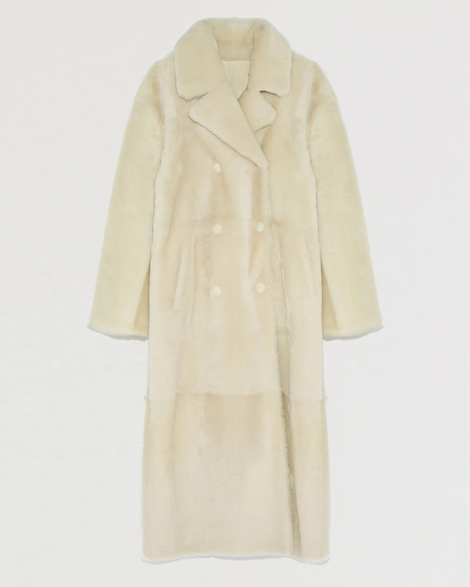 Long double-breasted shearling coat