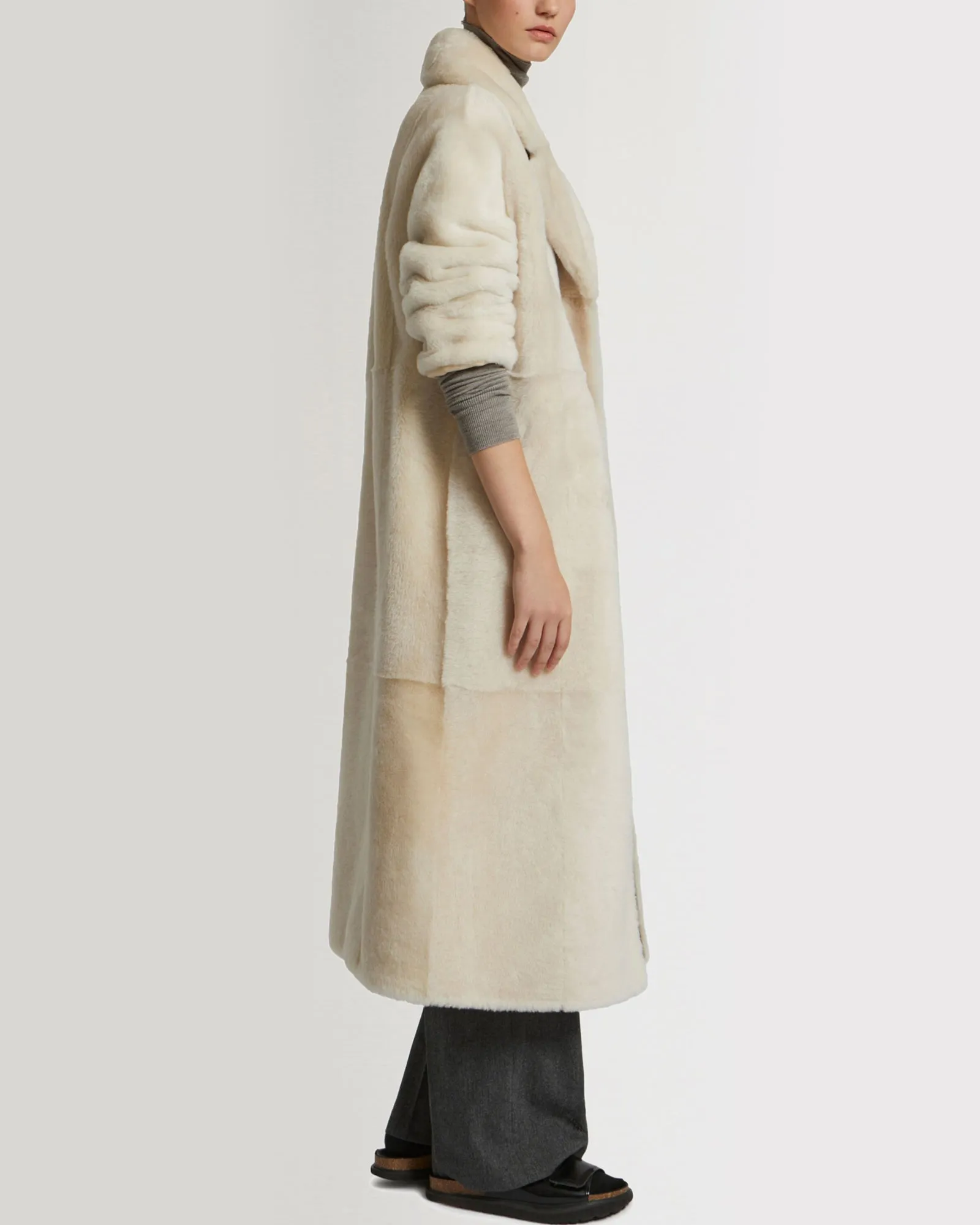 Long double-breasted shearling coat