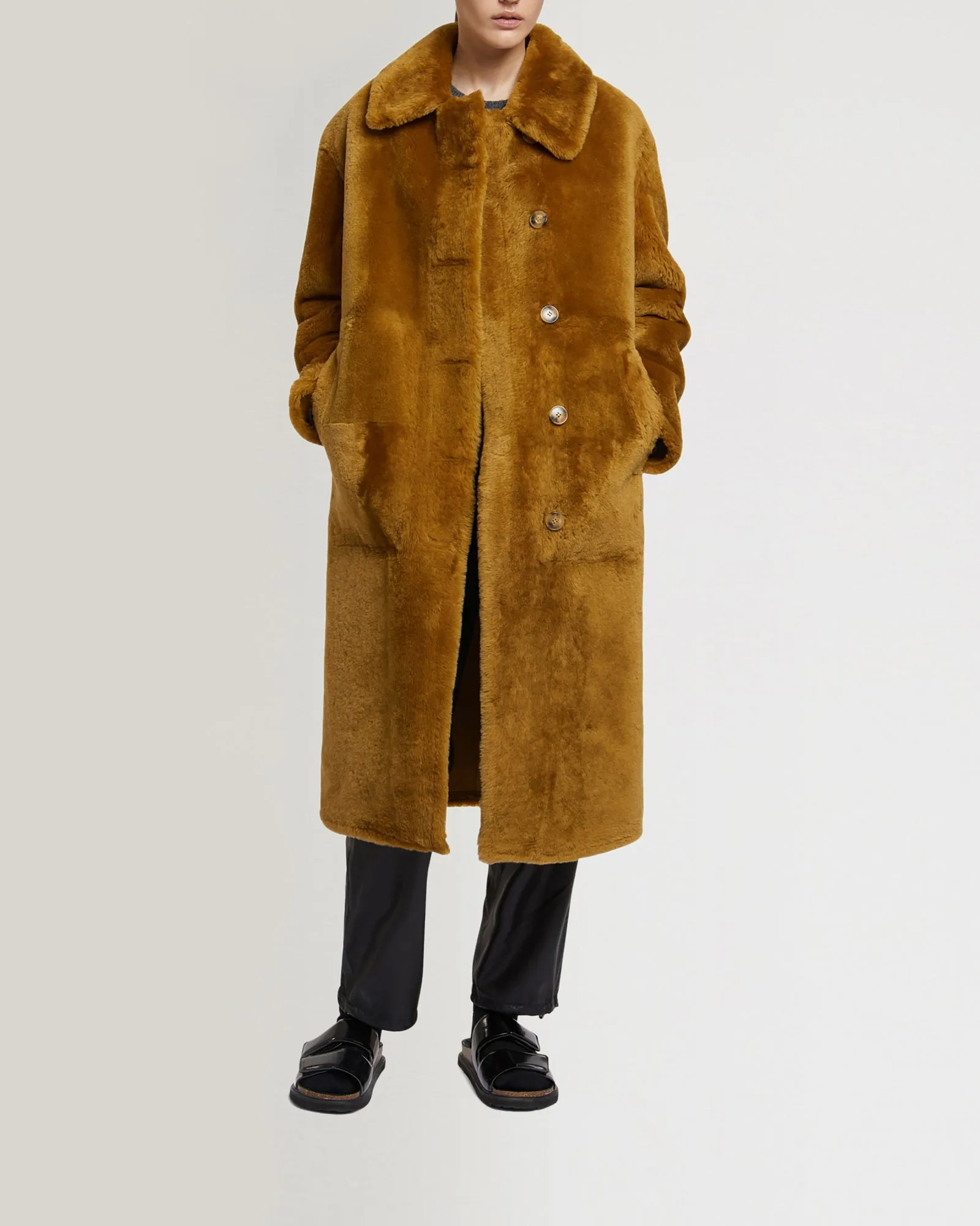 Long merino lambskin coat with collar