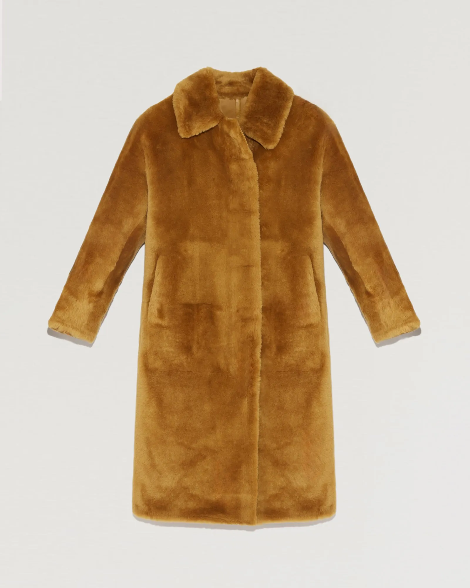 Long merino lambskin coat with collar