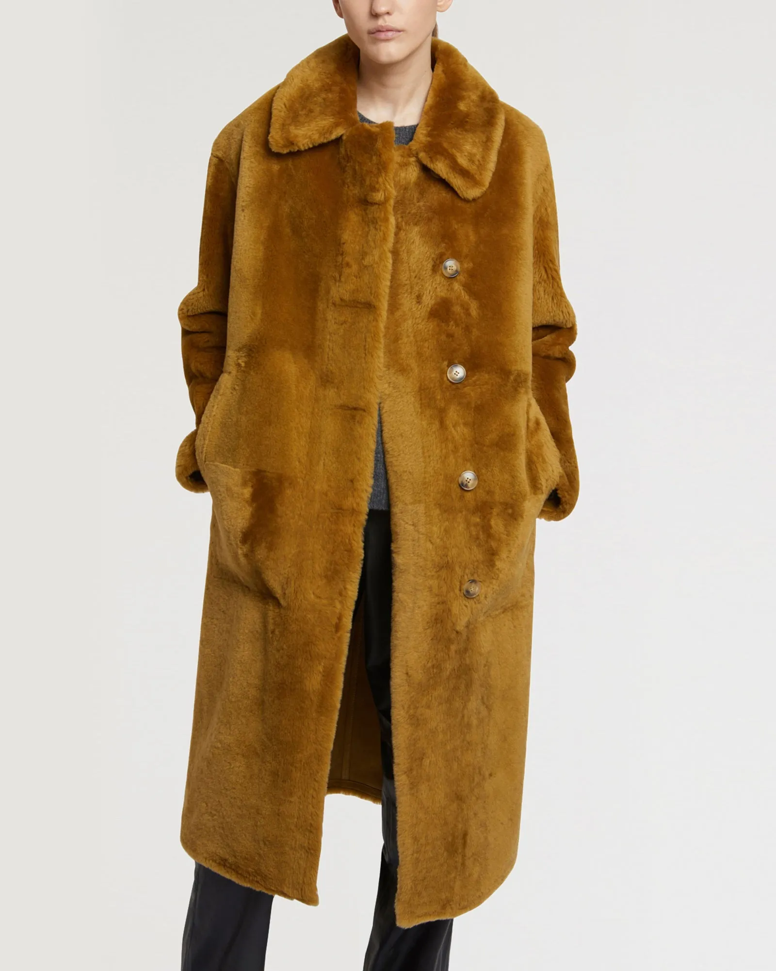 Long merino lambskin coat with collar