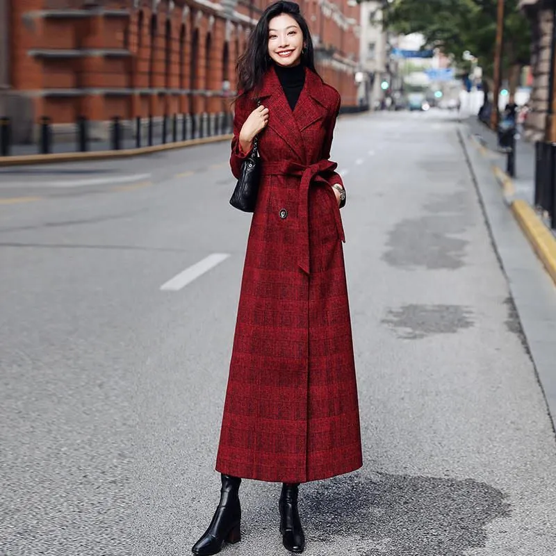 Long Plaid Wool Trench Coat