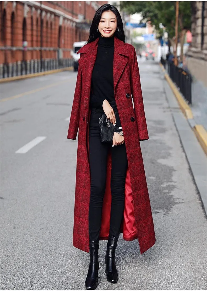 Long Plaid Wool Trench Coat