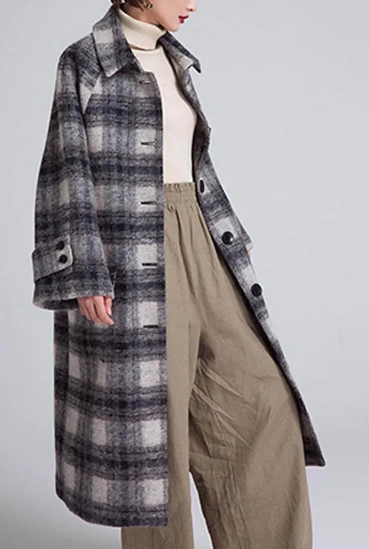 Loose Long Plaid Wool Blend Coat