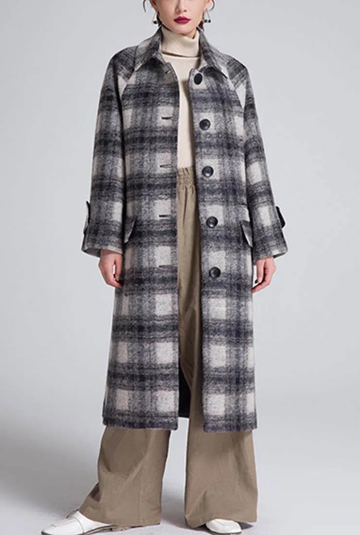 Loose Long Plaid Wool Blend Coat