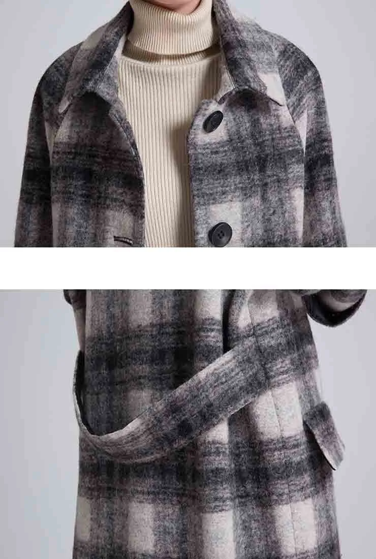 Loose Long Plaid Wool Blend Coat