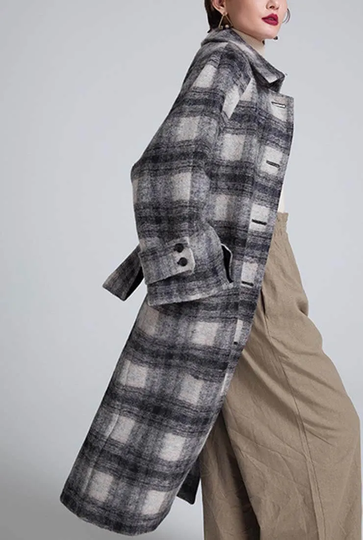 Loose Long Plaid Wool Blend Coat