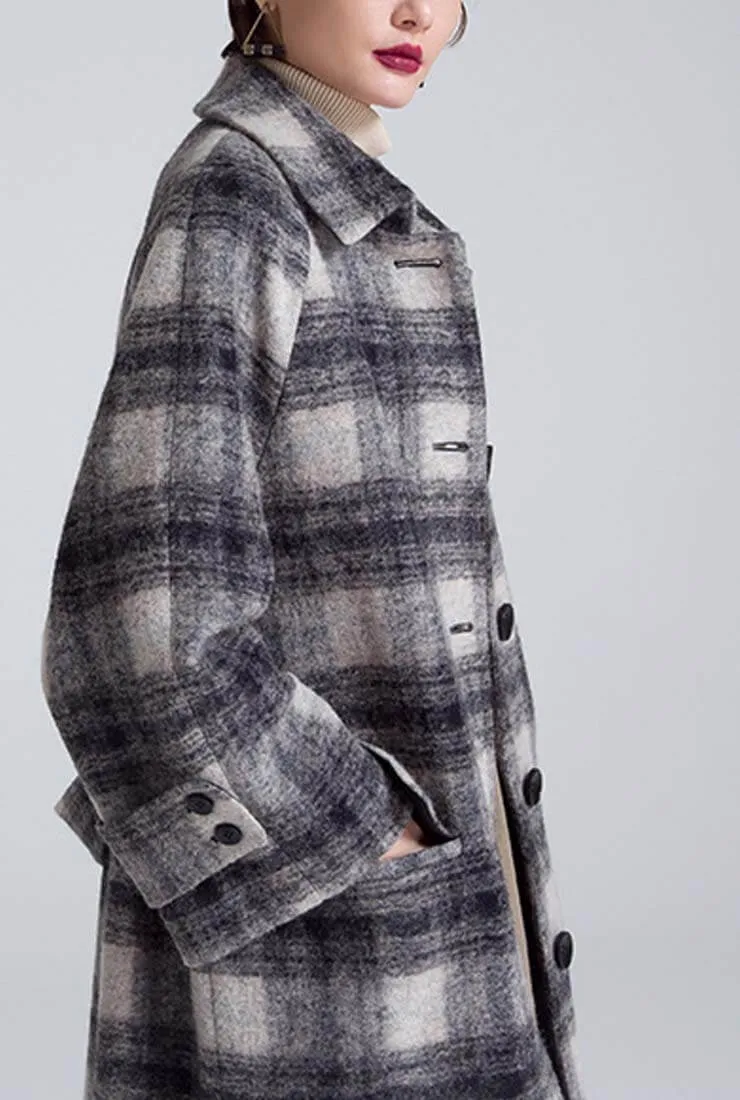 Loose Long Plaid Wool Blend Coat