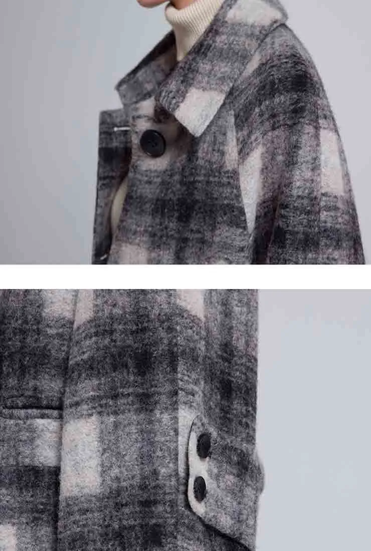 Loose Long Plaid Wool Blend Coat