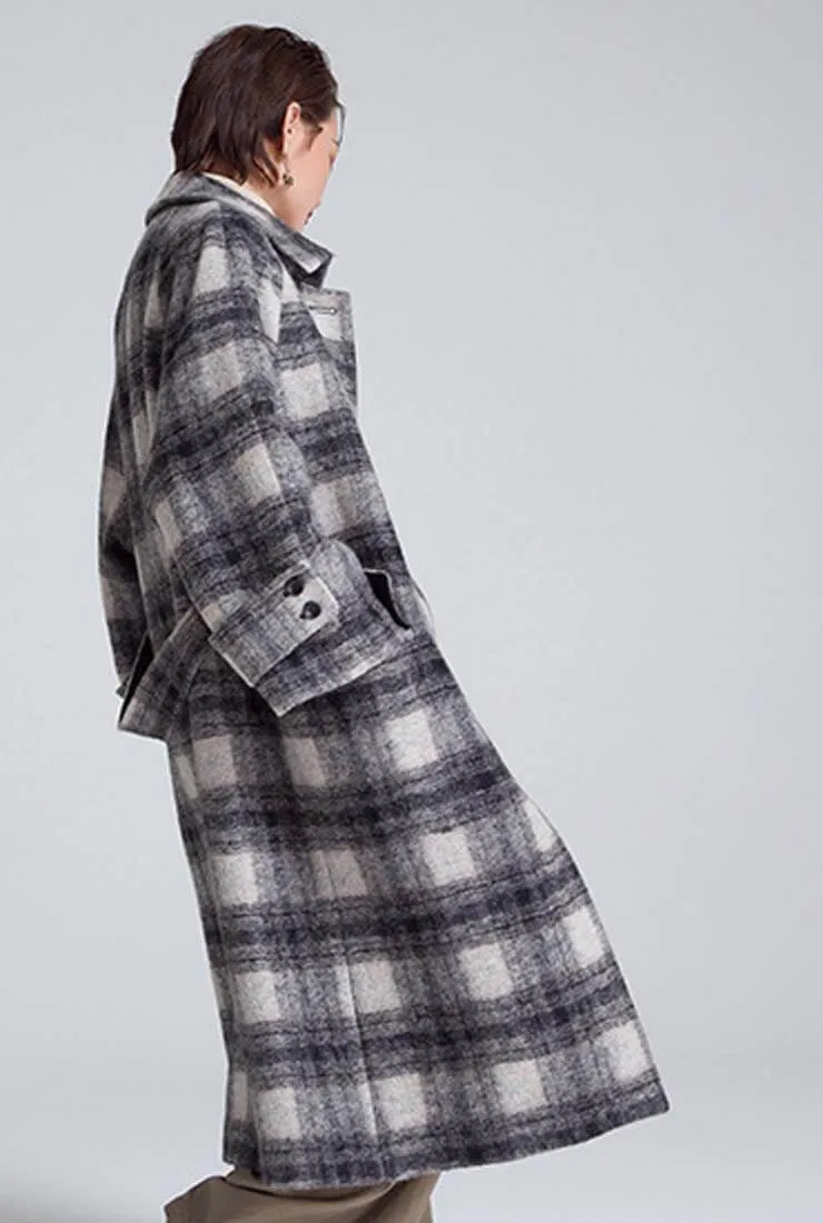 Loose Long Plaid Wool Blend Coat