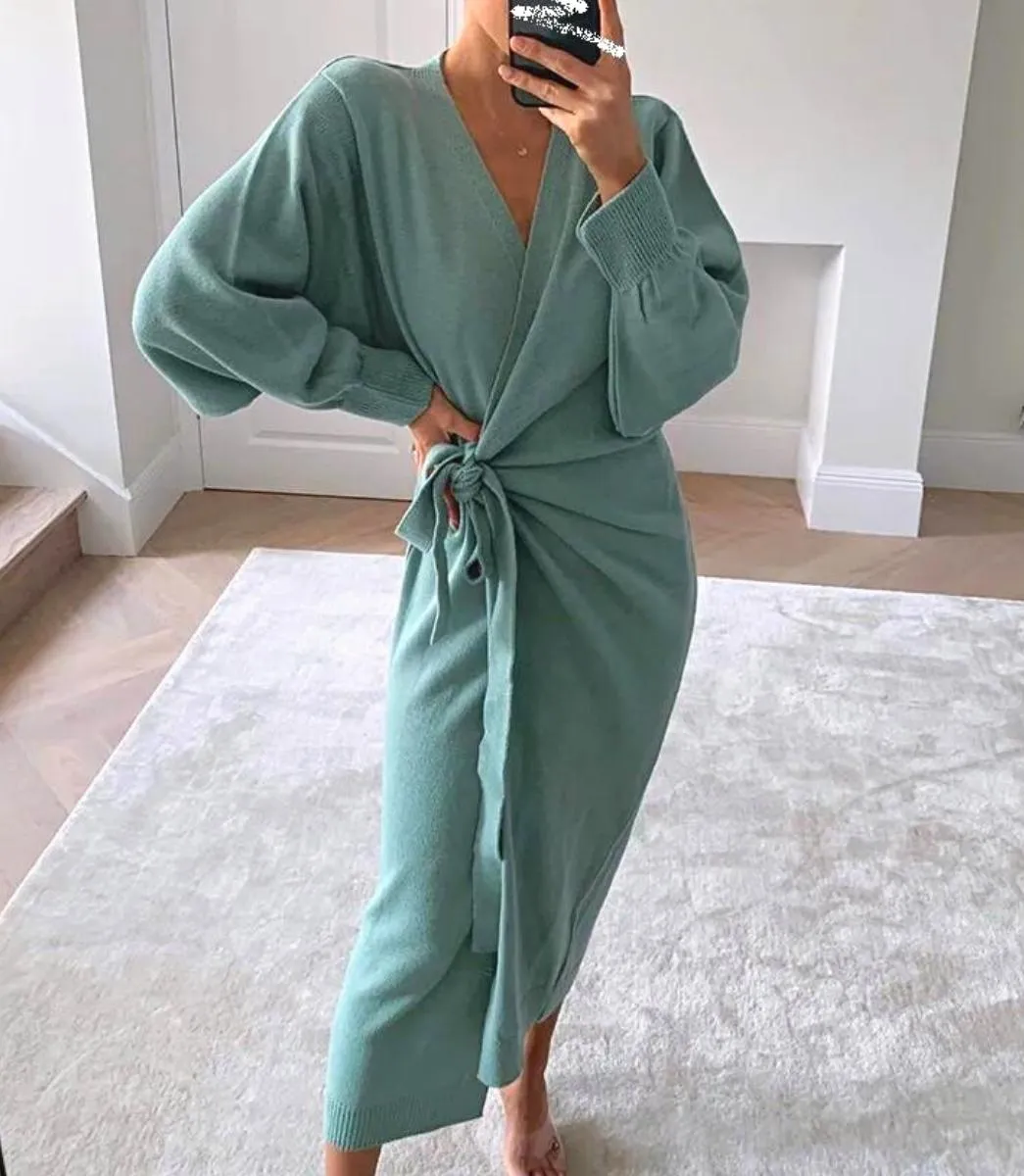 Luexco Long Knitted Wrap Robe Dress Oversize Elegance Day Dress Sexy V Neck